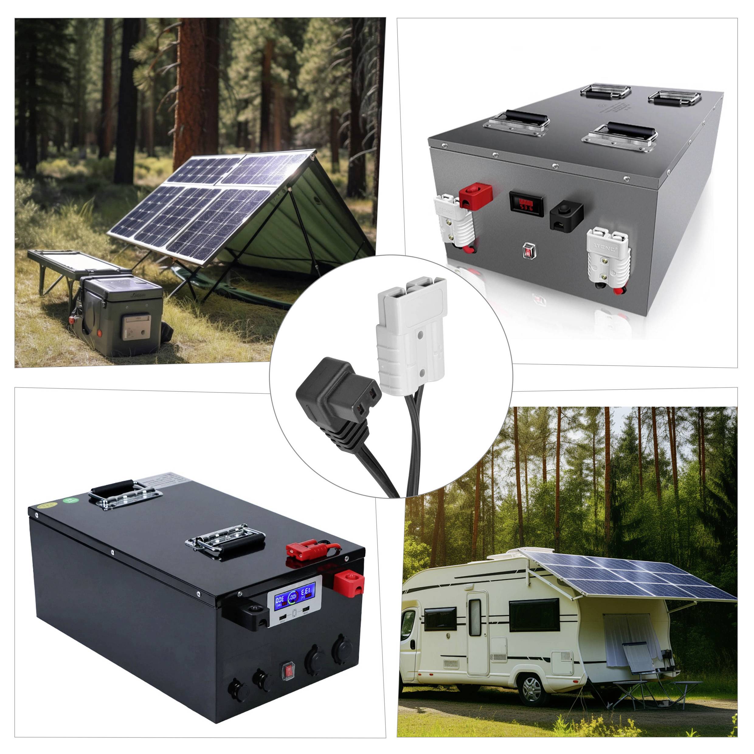 'Collage featuring solar panels in a forest, a portable power station, a trailer with rooftop panels, and battery connector details.'
