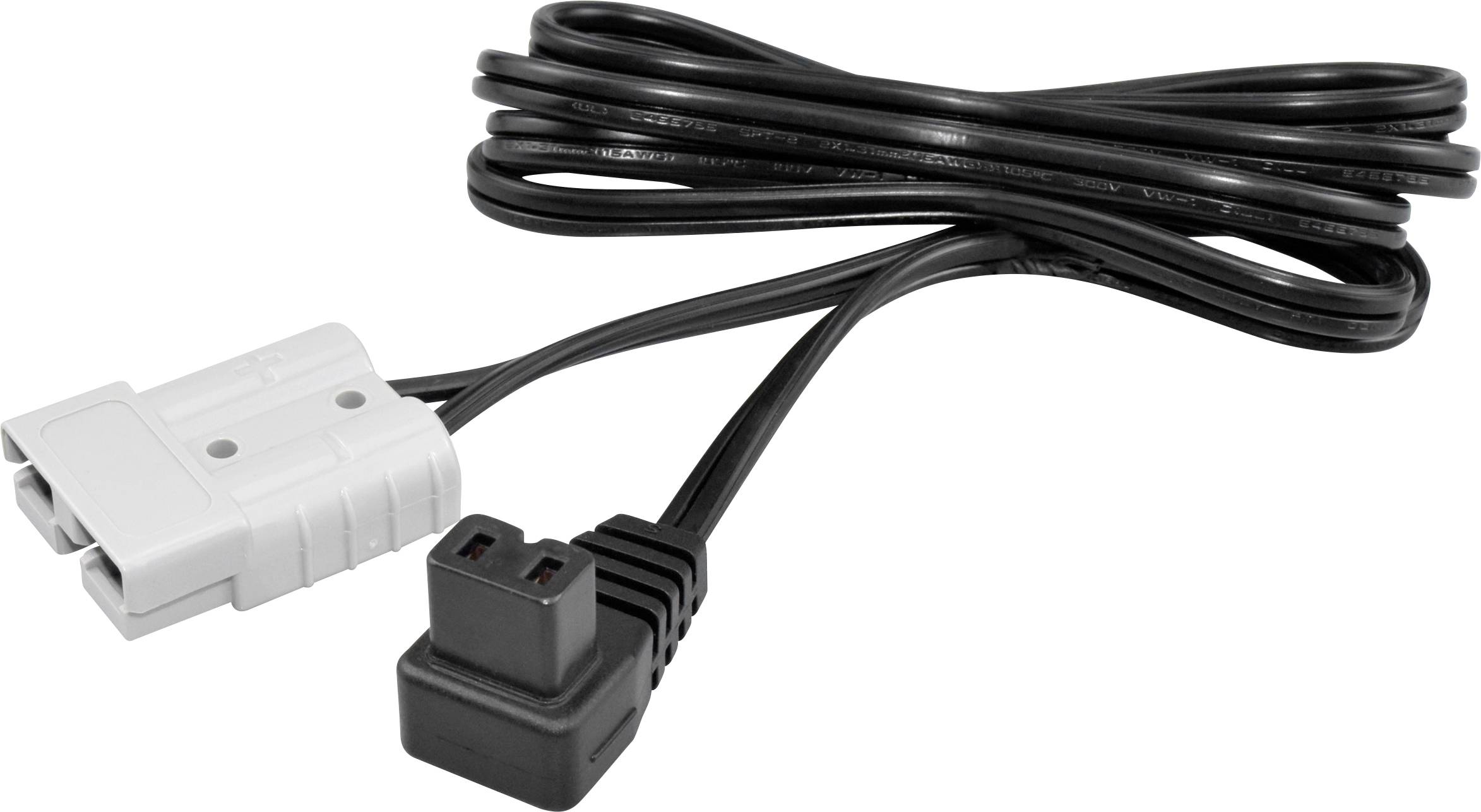 A black cable with a white connector on one end and a black connector on the other, used for connecting and powering electronic devices.