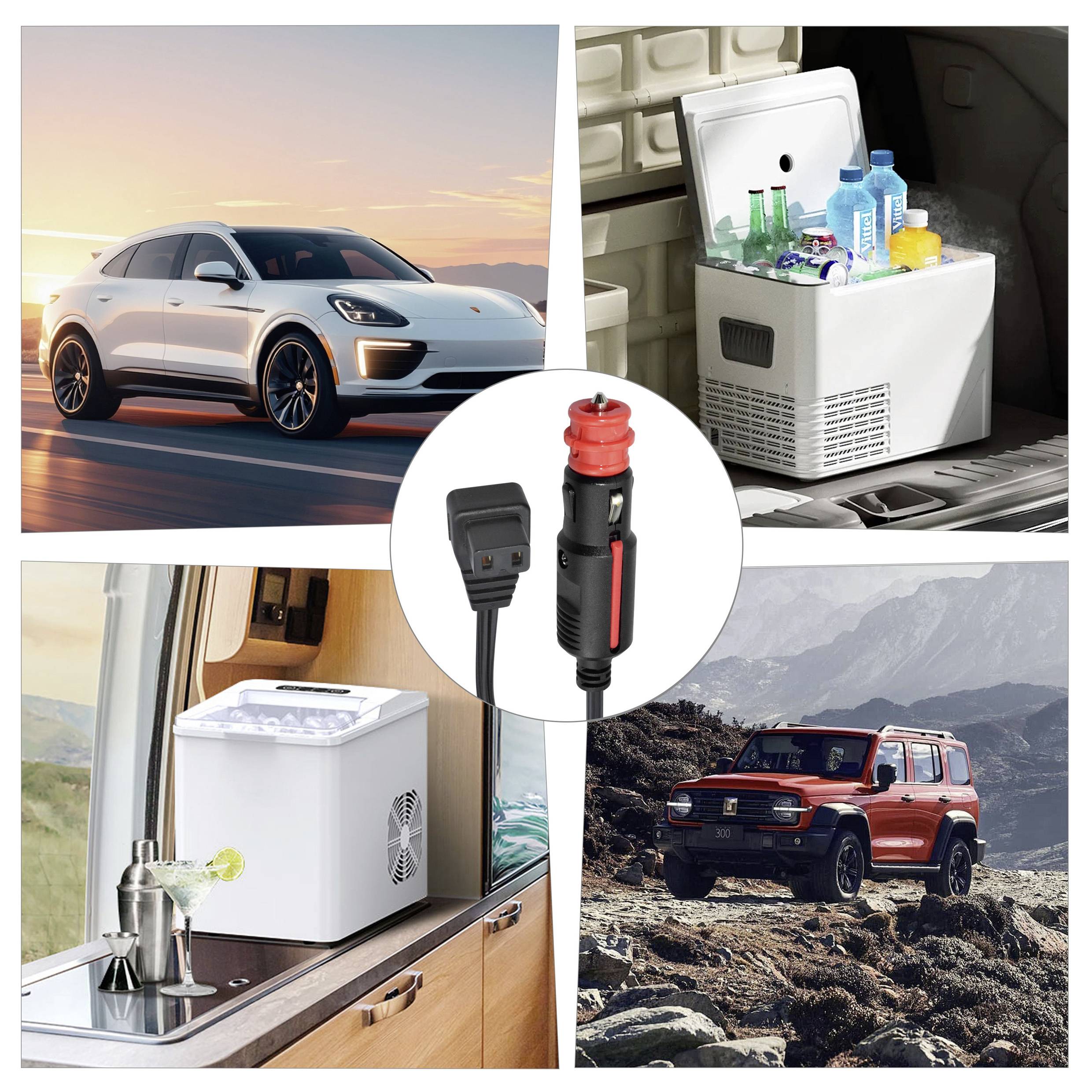 A collage of two SUVs outdoors, a car fridge with drinks, and a power adapter, illustrating automotive and travel themes.