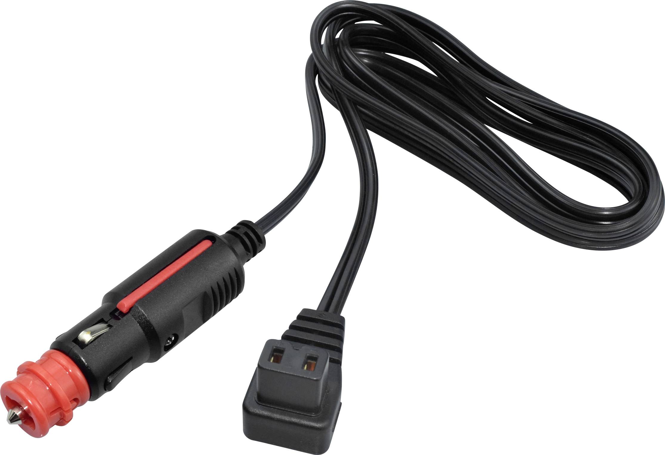 A black car power adapter cable with a red car cigarette lighter plug on one end and a black connector on the other end.