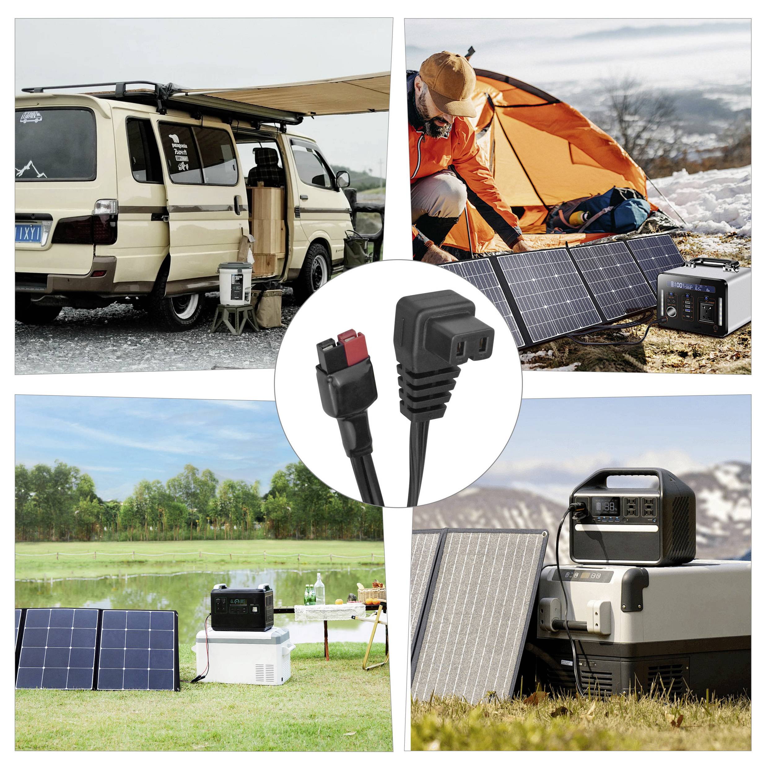'Four-panel collage showing solar power setups: camping van, tent, lakeside picnic, and portable cooler. Central inset: power connectors.'
