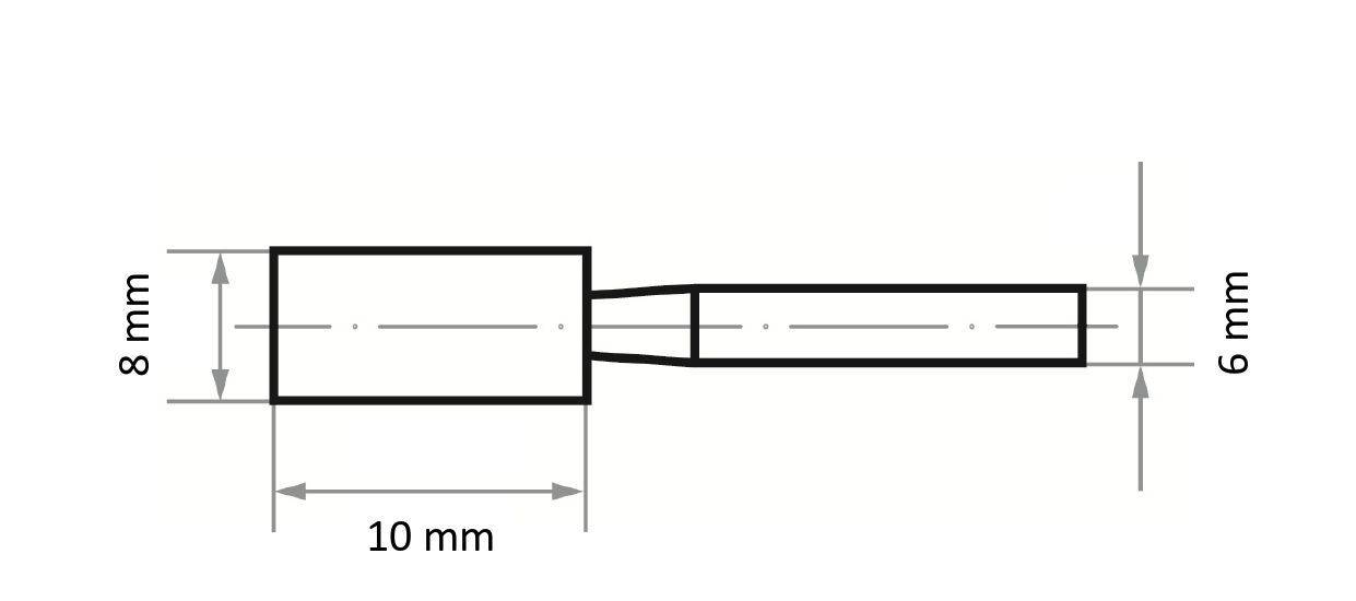 Technical drawing of a cylindrical object with a wider base, labeled: base width '8 mm', base depth '10 mm', shaft width '6 mm'.
