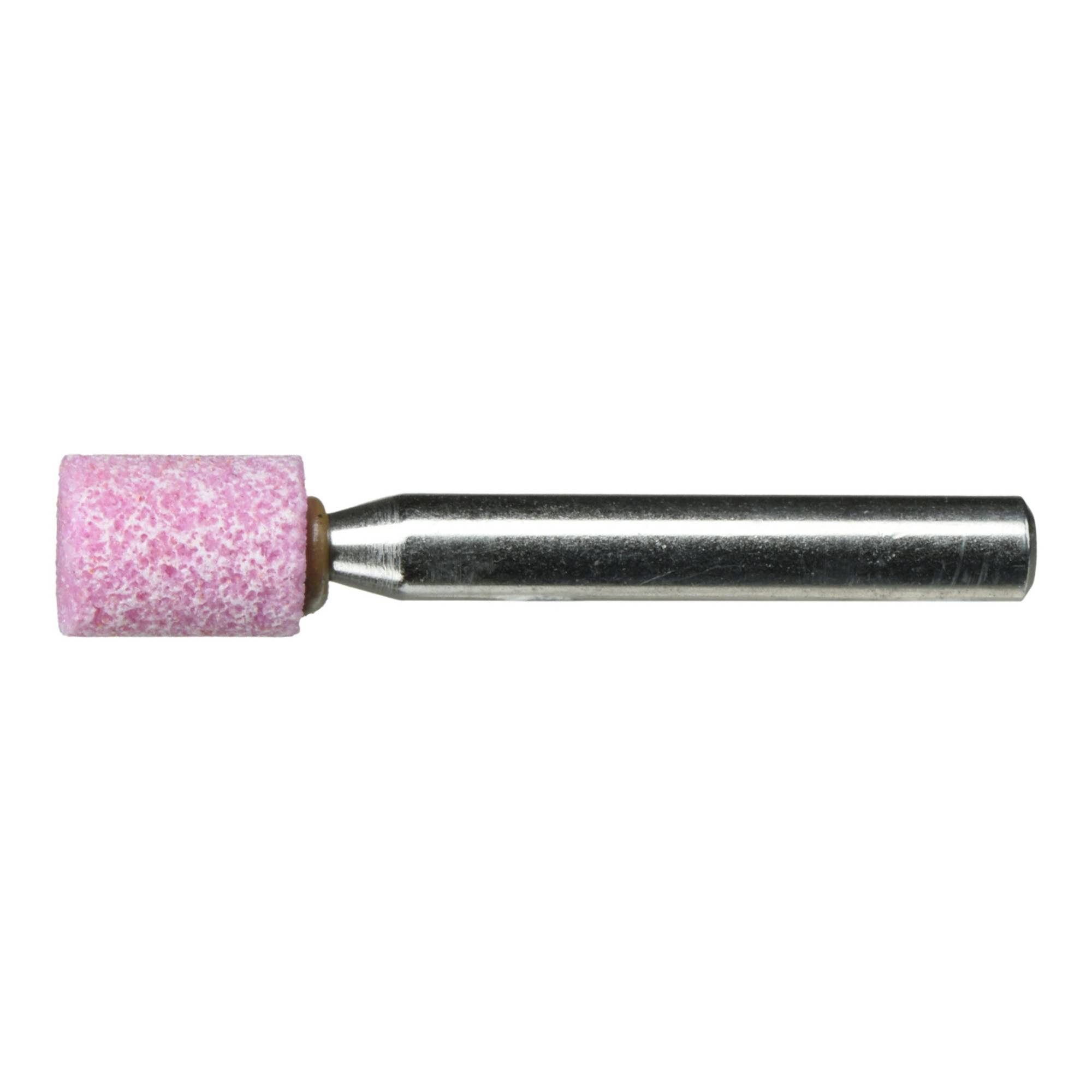 A cylindrical pink grinding stone with a metal shank, used for polishing or sharpening, shown against a plain white background.