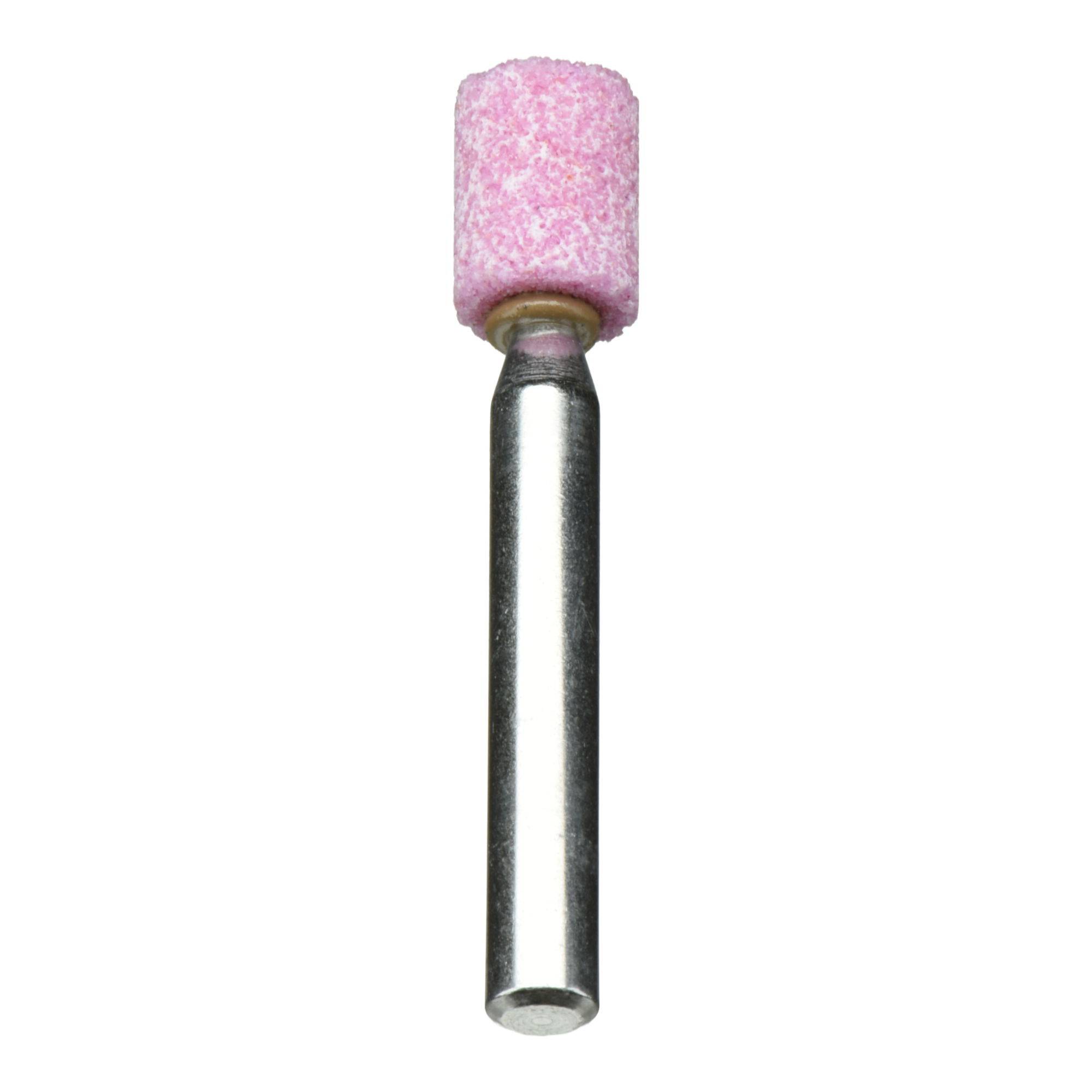 A cylindrical grinding bit with a pink abrasive head and metal shank, used for shaping or smoothing surfaces in power tools.