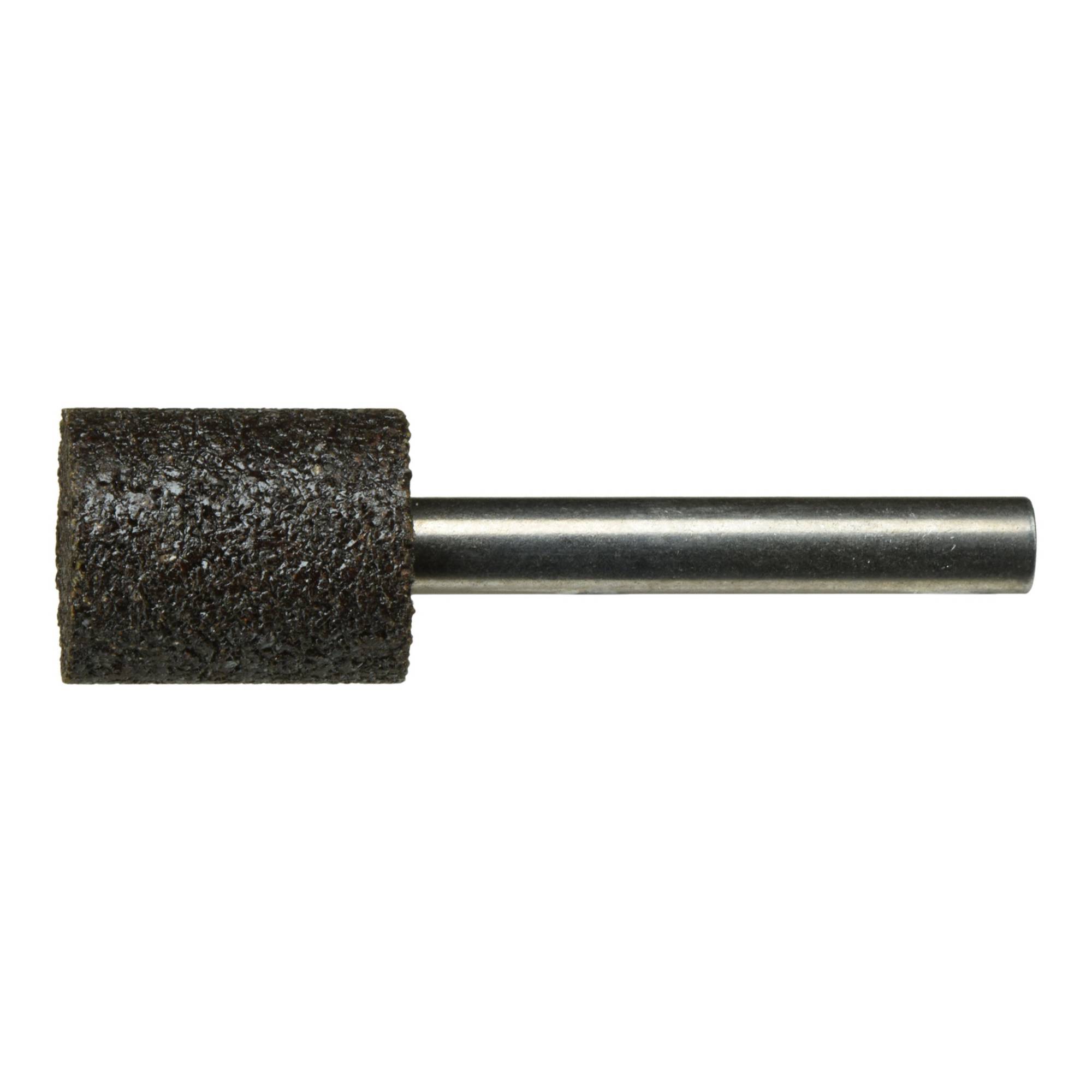 A cylindrical grinding attachment with a textured abrasive surface and a metal shank, used for smoothing or shaping materials.