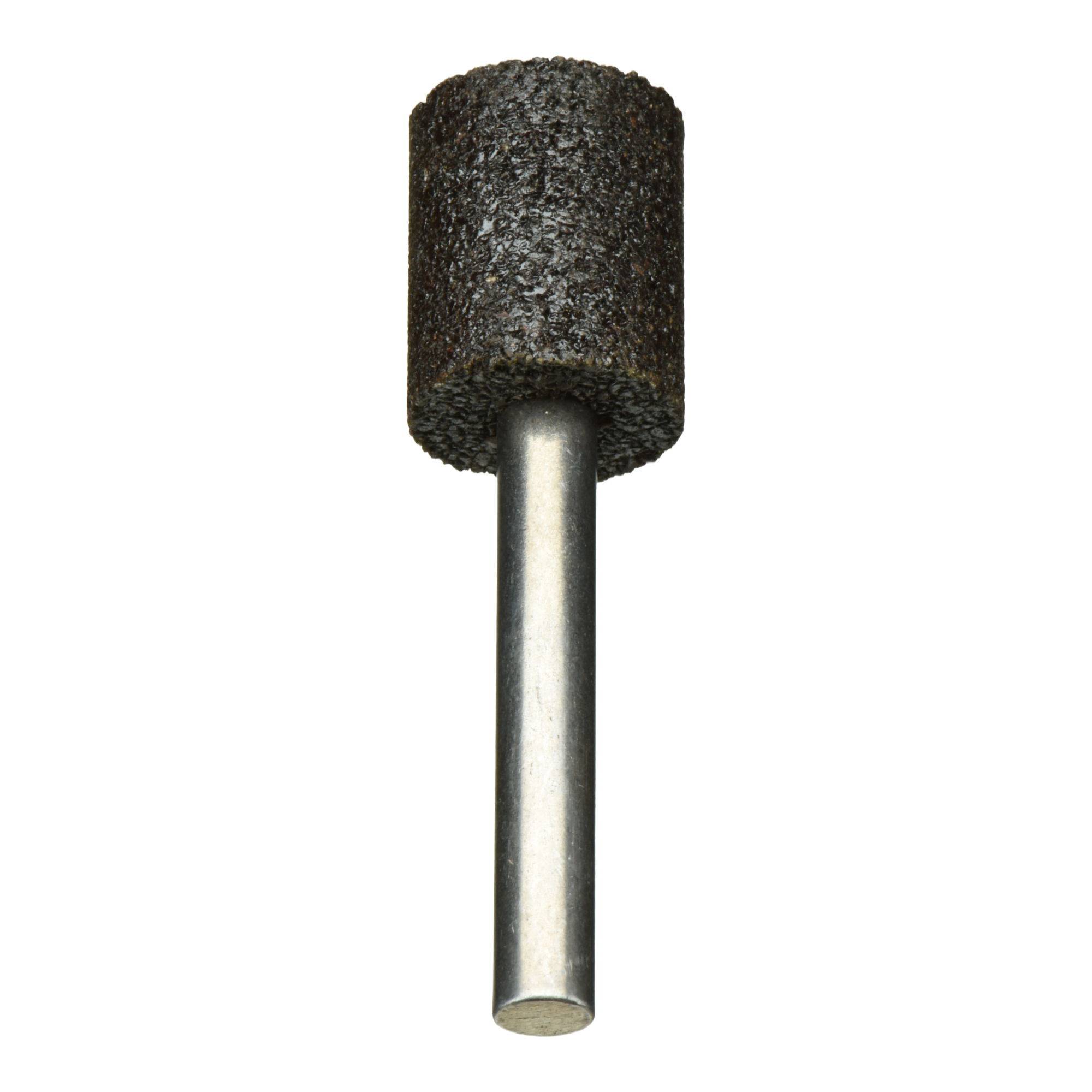 Coarse grinding stone with a cylindrical head and a metal shaft, used for sharpening or grinding metal surfaces.