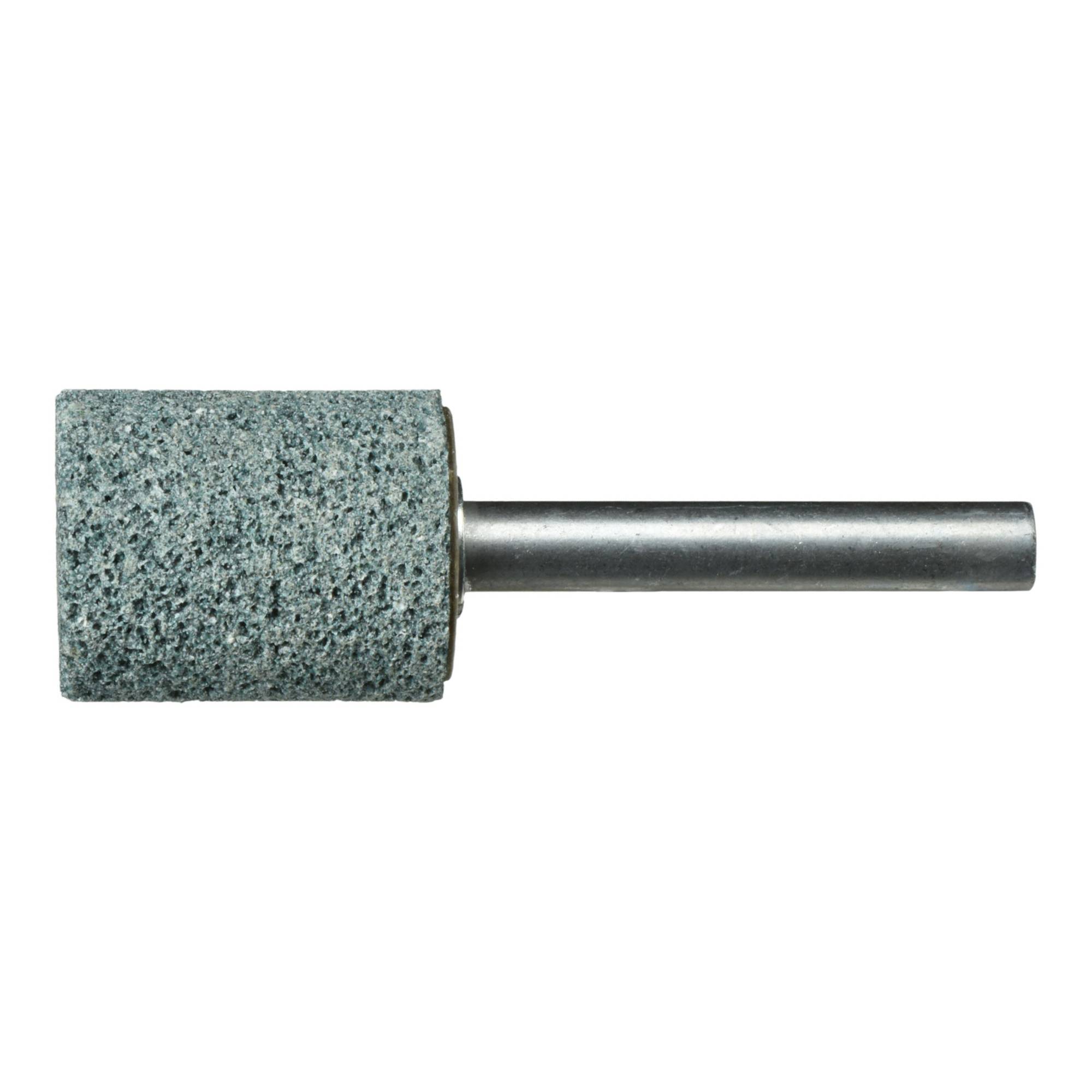 A cylindrical grinding wheel with a metal shaft, used for sharpening or shaping materials, placed on a plain white background.