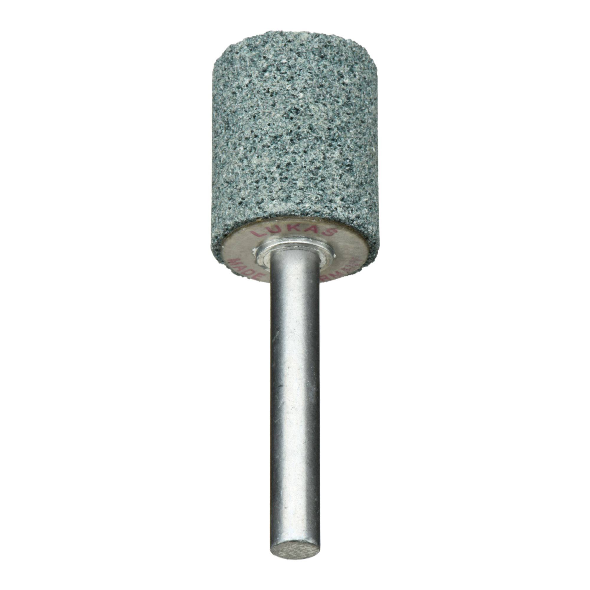 Grinding stone with a cylindrical abrasive head and metal shaft, used for smoothing or shaping surfaces.