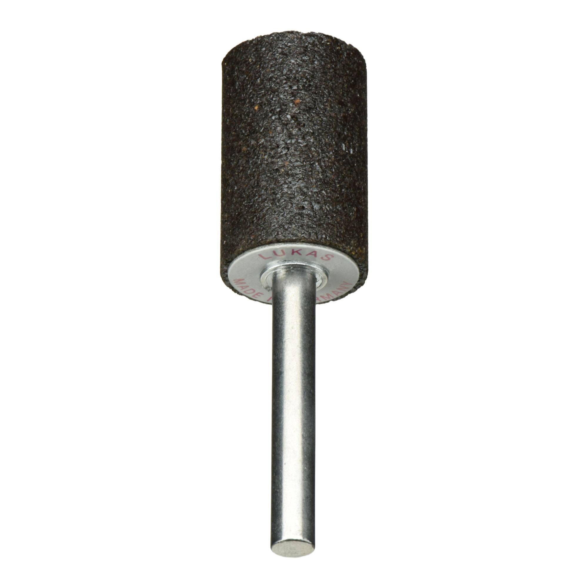 A cylindrical abrasive grinding attachment with a rough texture mounted on a metal shank, used for shaping or smoothing surfaces.