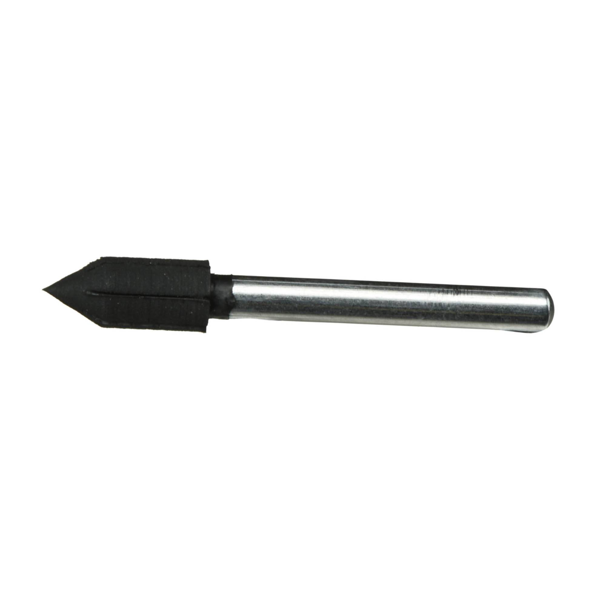 A metal drill bit with a pointed tip and cylindrical shaft, used for drilling precise holes in materials like wood or metal.