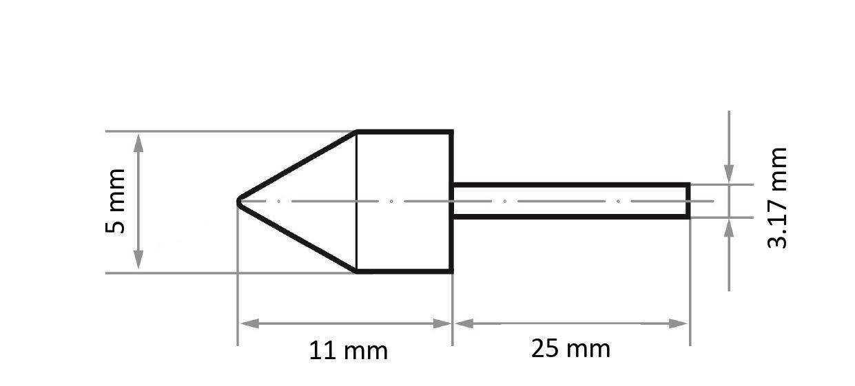 Diagram illustrating a technical drawing of a nozzle with dimensions: 5 mm height, 11 mm base, 25 mm total length, and 3.17 mm diameter.