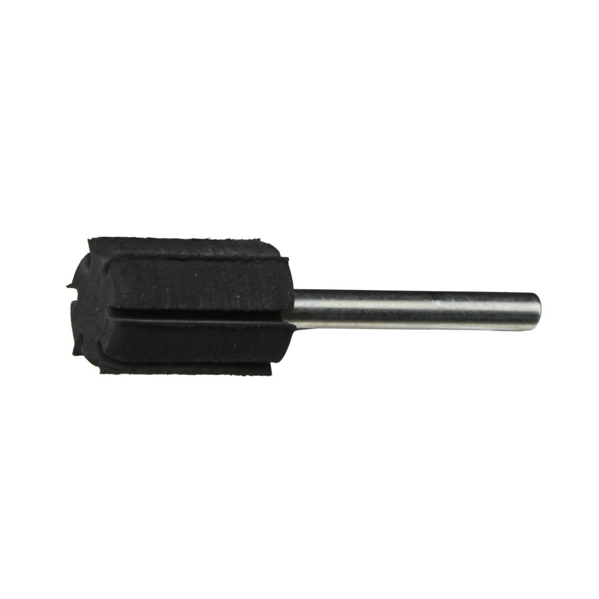 A cylindrical, black rubber grinding wheel with a metal shaft, used for polishing or smoothing surfaces in mechanical applications.