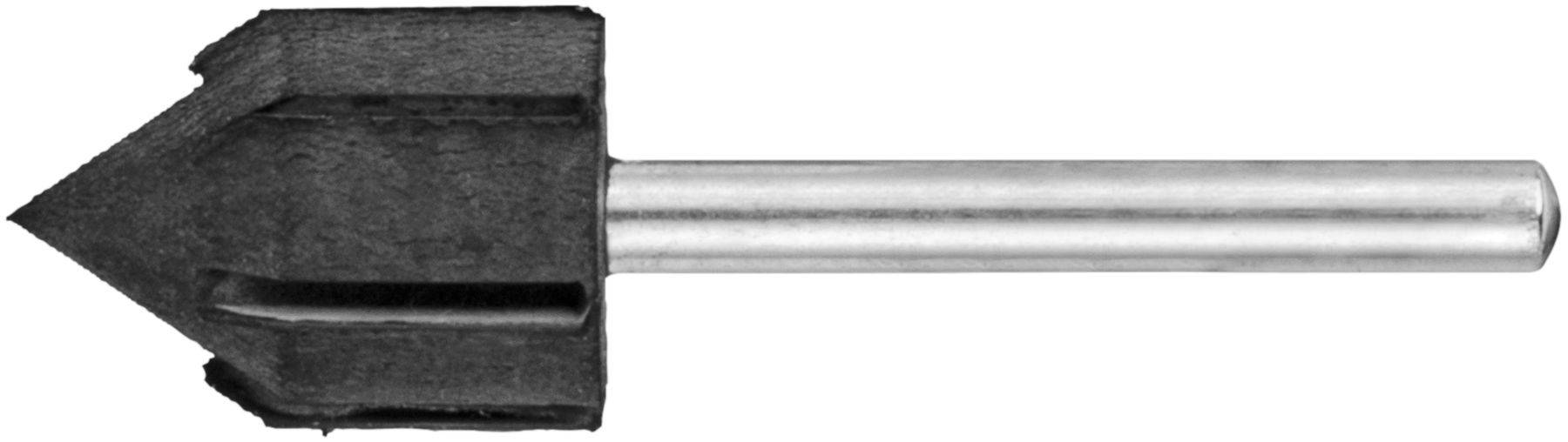 A black countersink drill bit with a pointed tip and a cylindrical metal shank, used for drilling precise holes in materials.