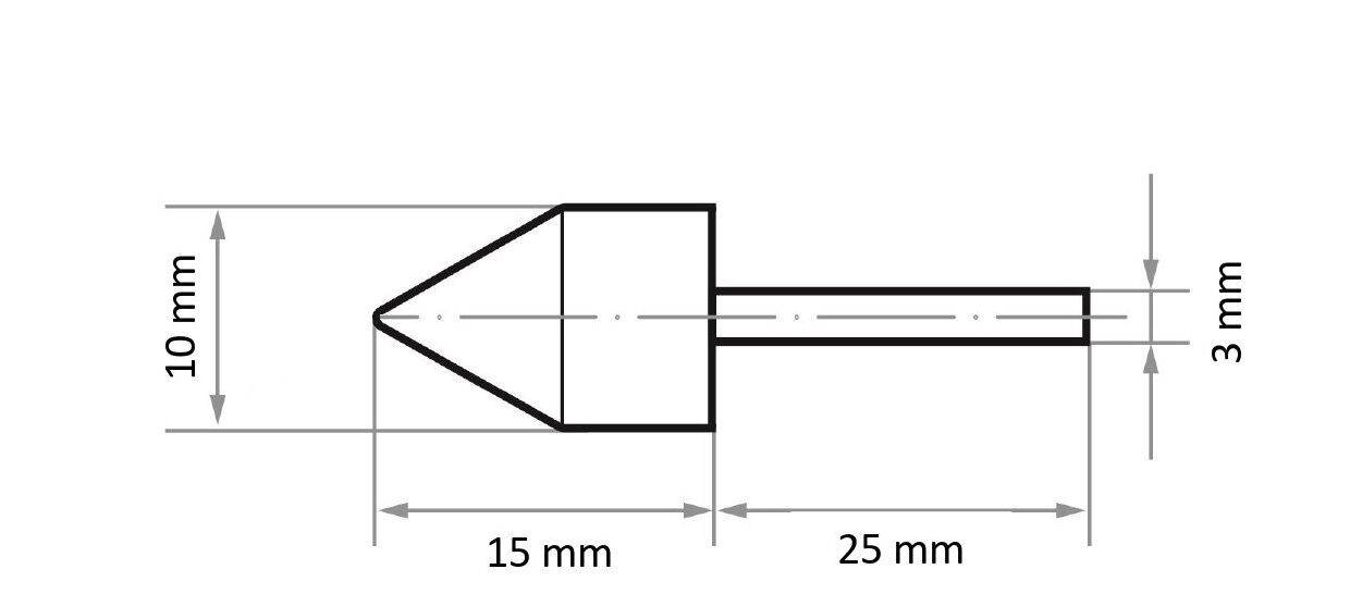 Technical drawing of an object showing a cone and cylinder shape. Dimensions: cone height 10 mm, base 15 mm; cylinder length 25 mm, diameter 3 mm.