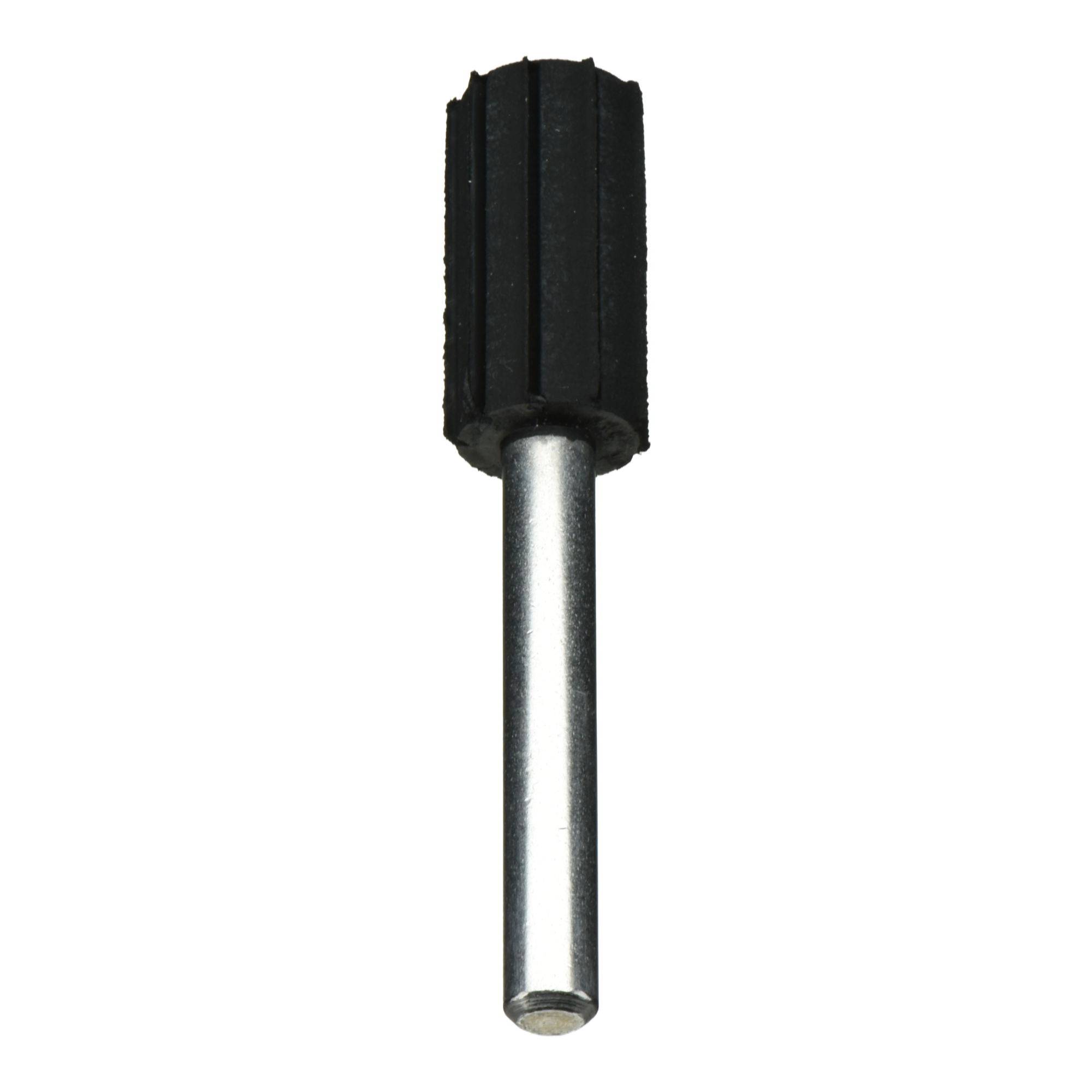 A cylindrical metal tool with a black rubber sleeve, used for securing sandpaper for rotary tools in sanding or polishing tasks.