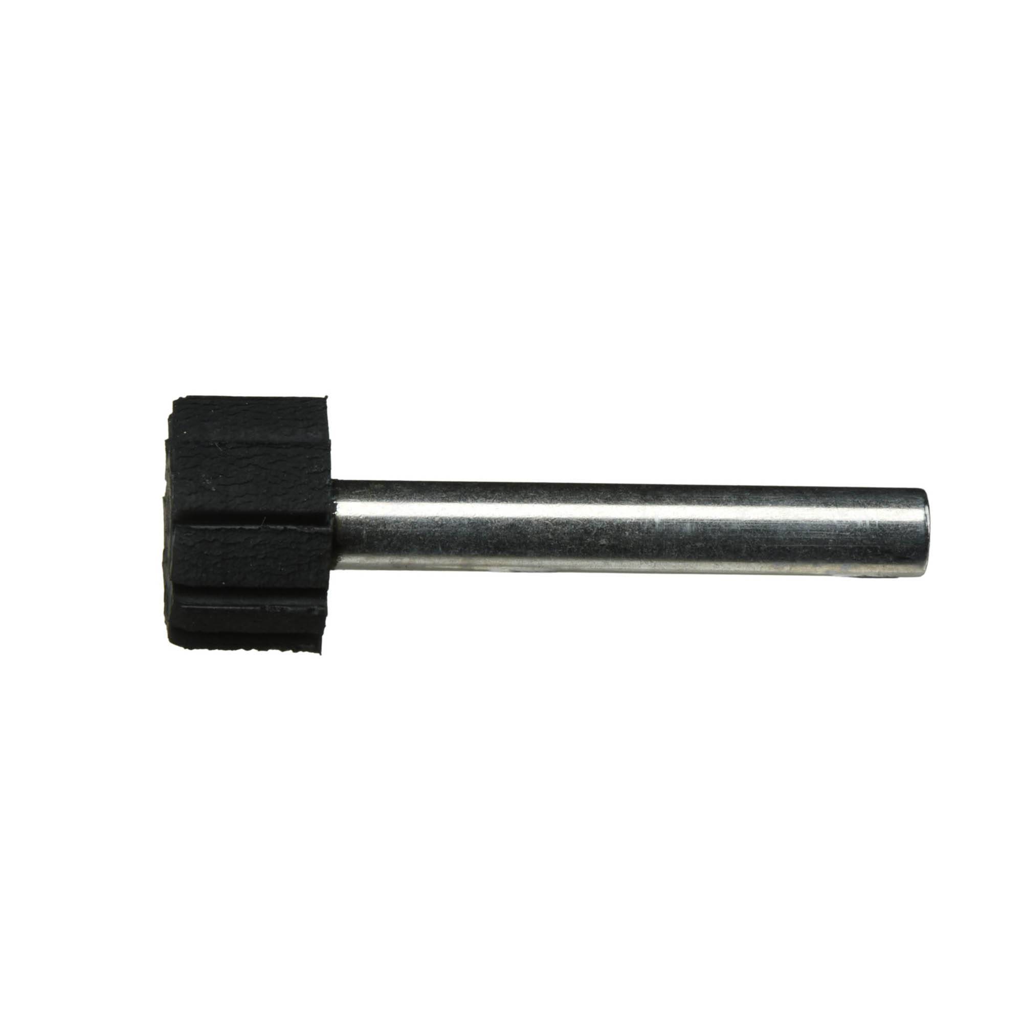 A metallic cylinder with a black, hexagonal cap on one end, resembling a tool part or mechanical component.