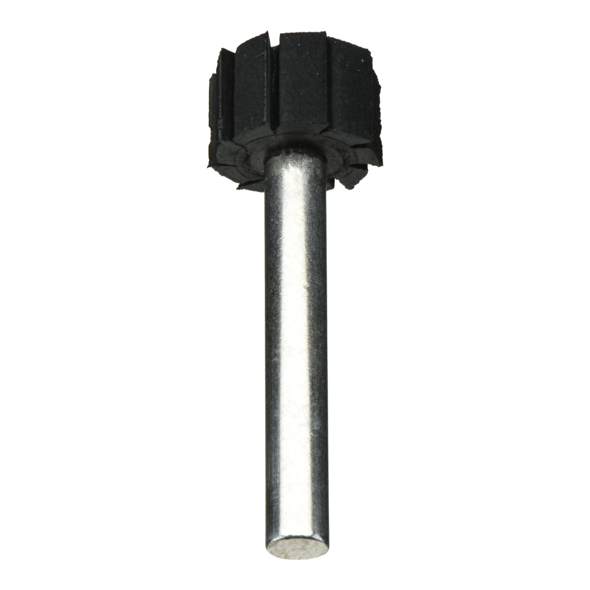 A cylindrical metal rod with a black, star-shaped, rubber abrasive head for polishing or deburring surfaces.