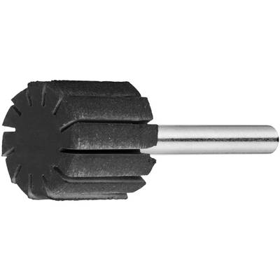 A cylindrical abrasive flap wheel with a central metal rod, used for surface finishing and polishing in metalworking and woodworking.