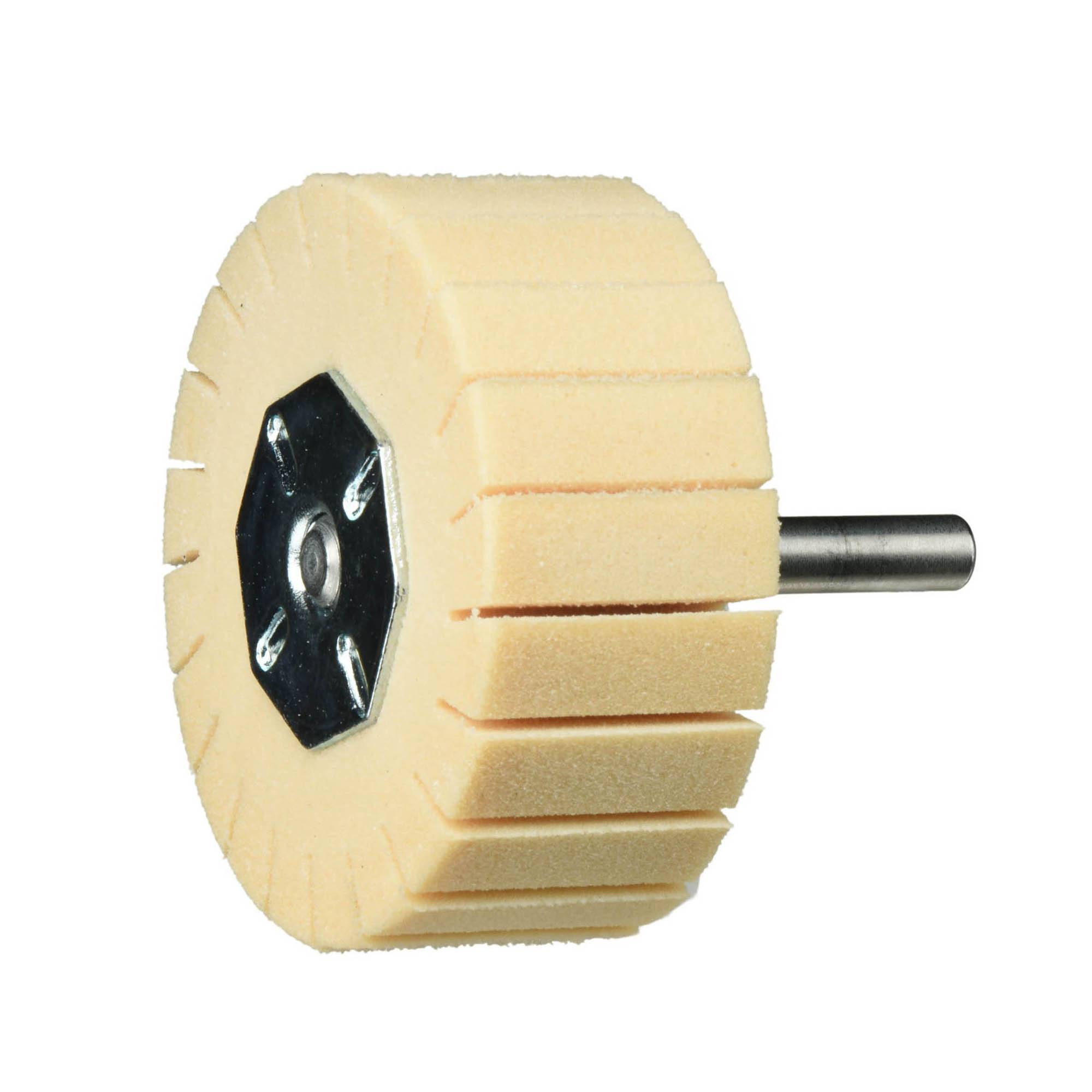 A beige polishing wheel with a central metal disc and an attached cylindrical rod, used for buffing or smoothing surfaces.