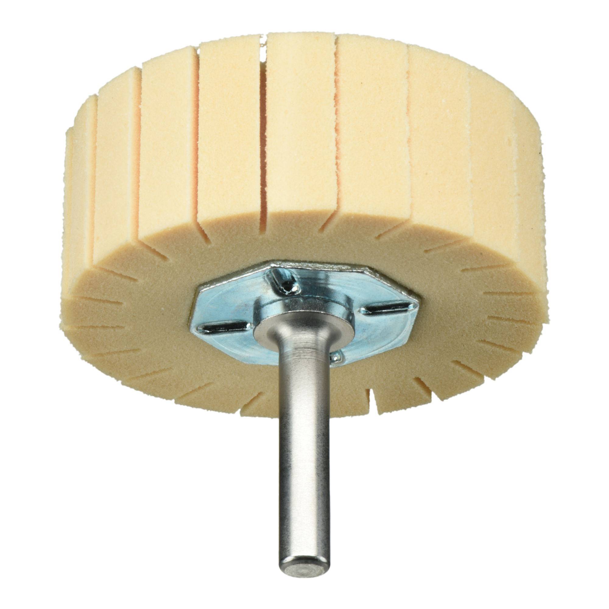 A beige foam wheel with slits, mounted on a metal rod, used for polishing or sanding in power tools.
