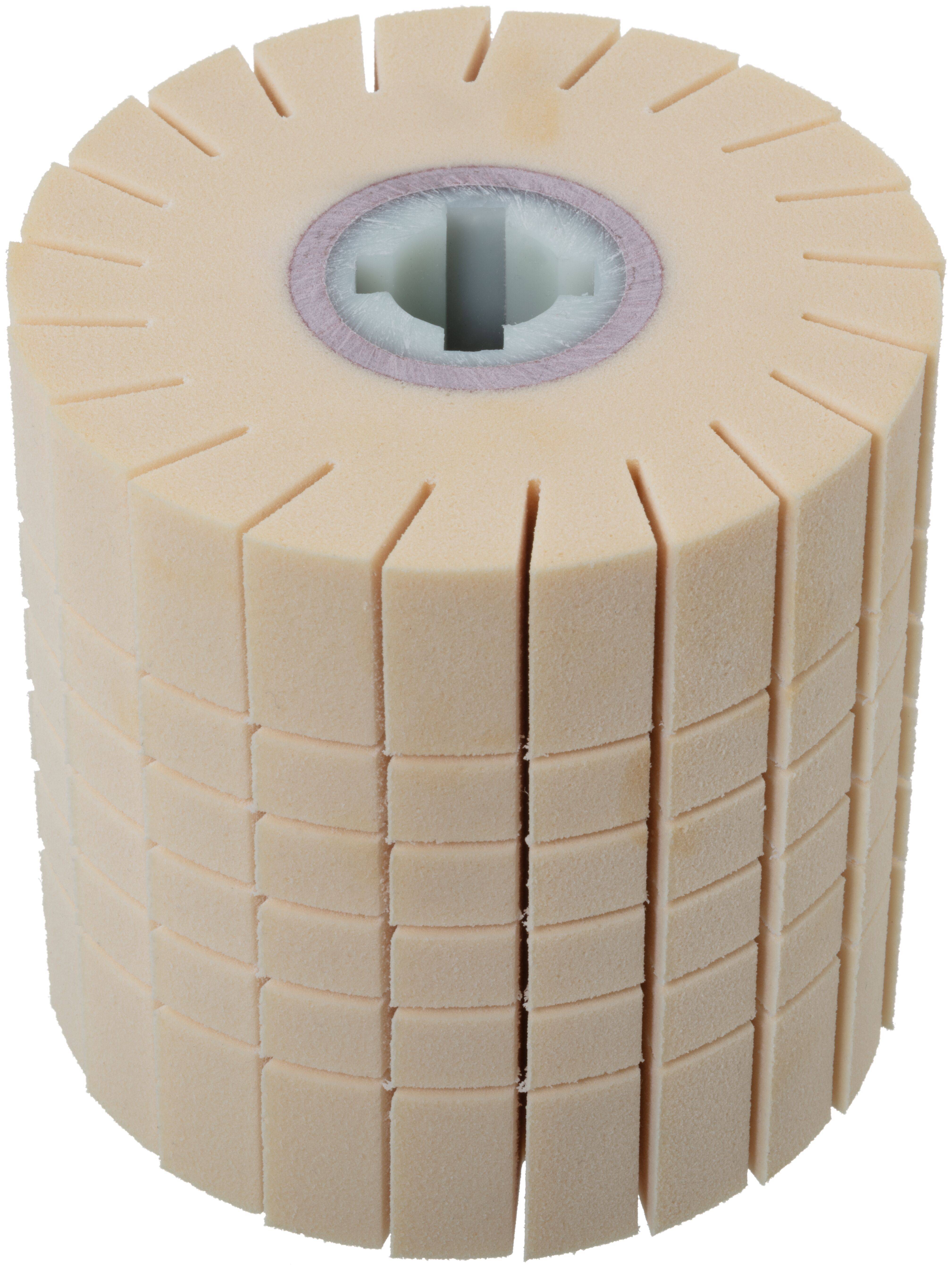 Foam cylinder with radial slits and a central hole, resembling a gear or pulley. Used for applications requiring cushioning or spacing.
