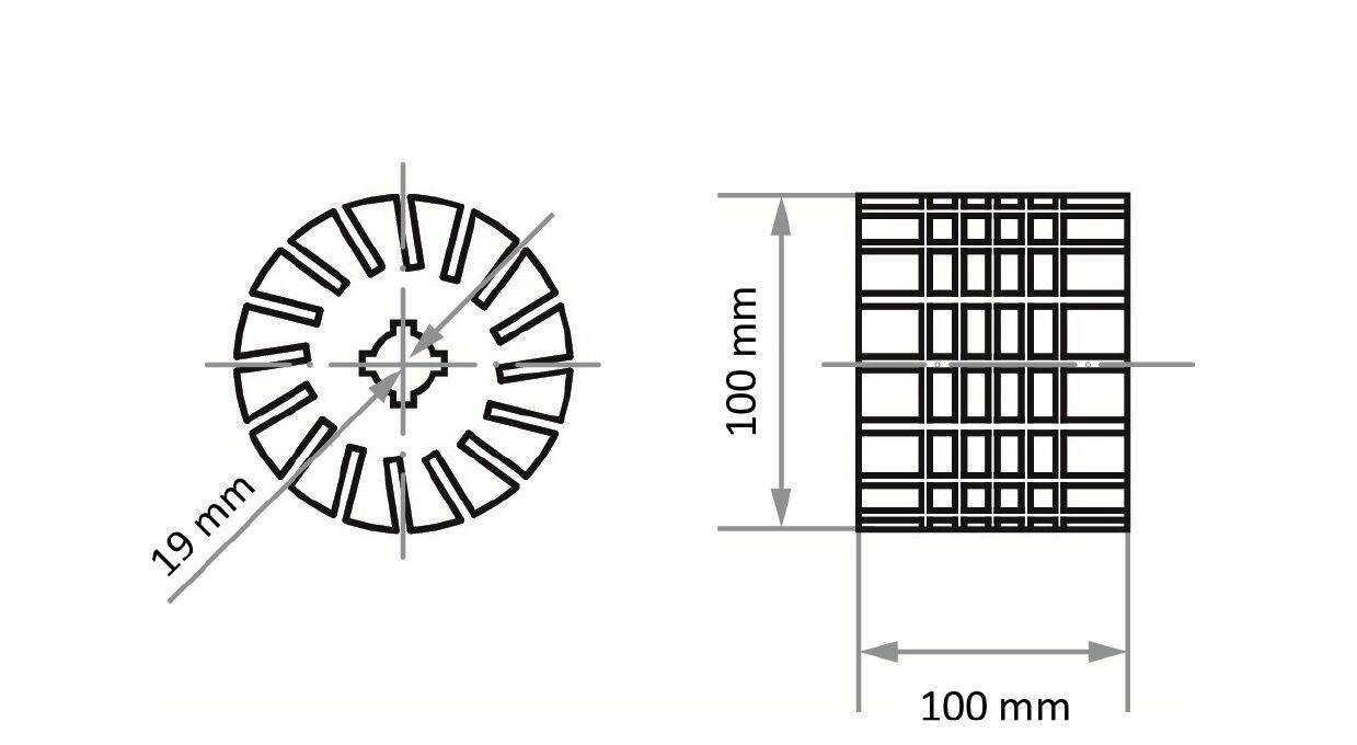 'Circular and square grill designs with dimensions: 19 mm diameter and 100 mm x 100 mm. Lines illustrate detailed measurements.'