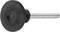 A dark abrasive wheel with a metal shank, used for grinding or cutting, isolated on a white background.