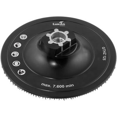 A black grinding disc labeled 'Lukas' with a central metal hub and teeth around the edge. It shows safety icons and text 'max. 7,600 min'.