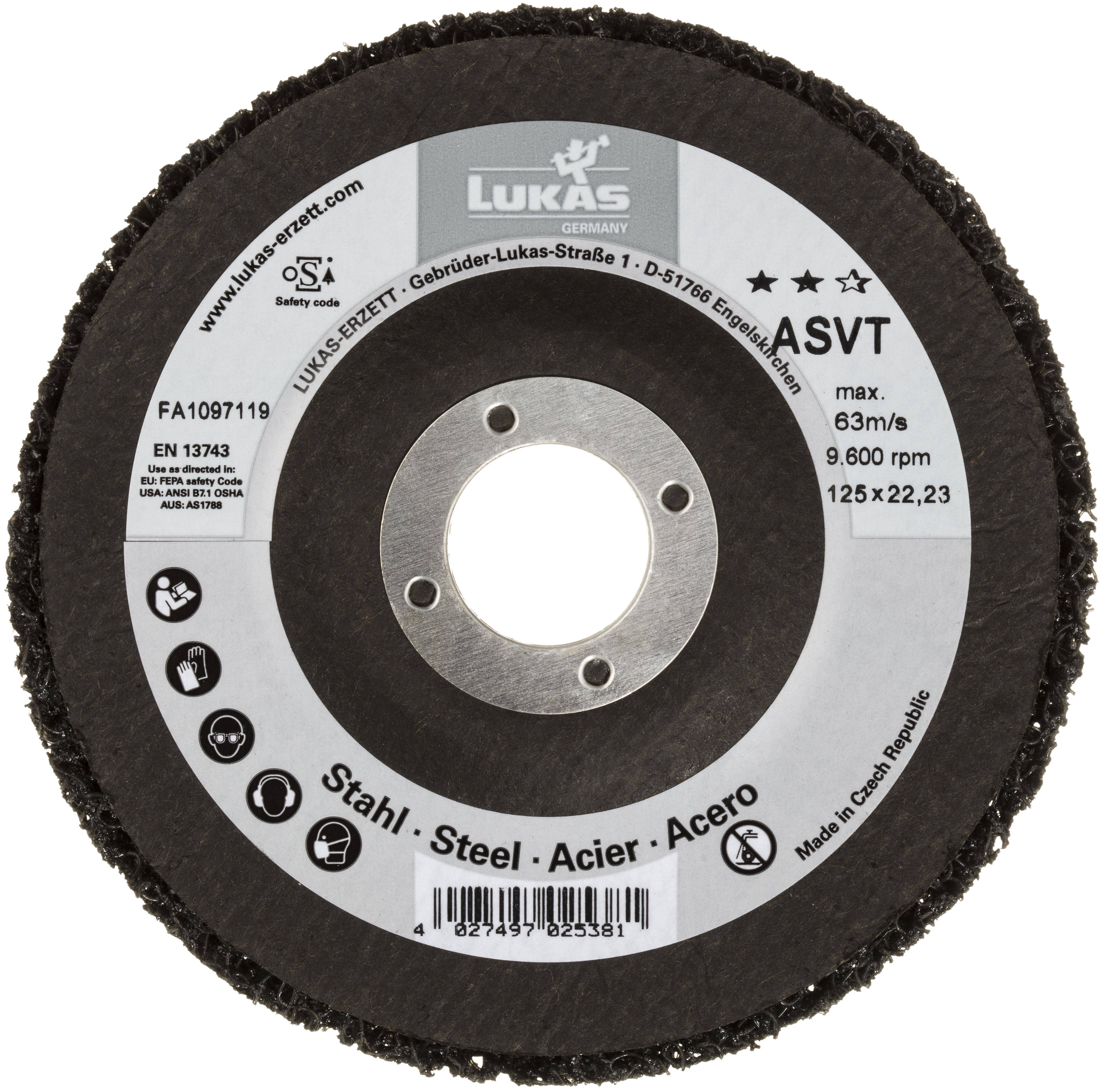 A round abrasive grinding disc labeled 'Lukas ASVT' with speed specifications of max 63m/s, 9,600 rpm. Suitable for steel. Made in Czech Republic.