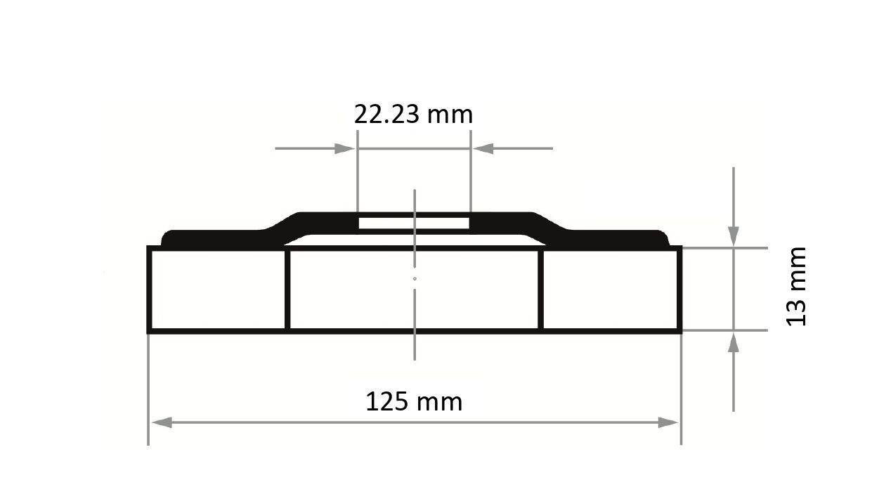 A schematic of a rectangular object with dimensions: 22.23 mm width, 125 mm length, and 13 mm height.