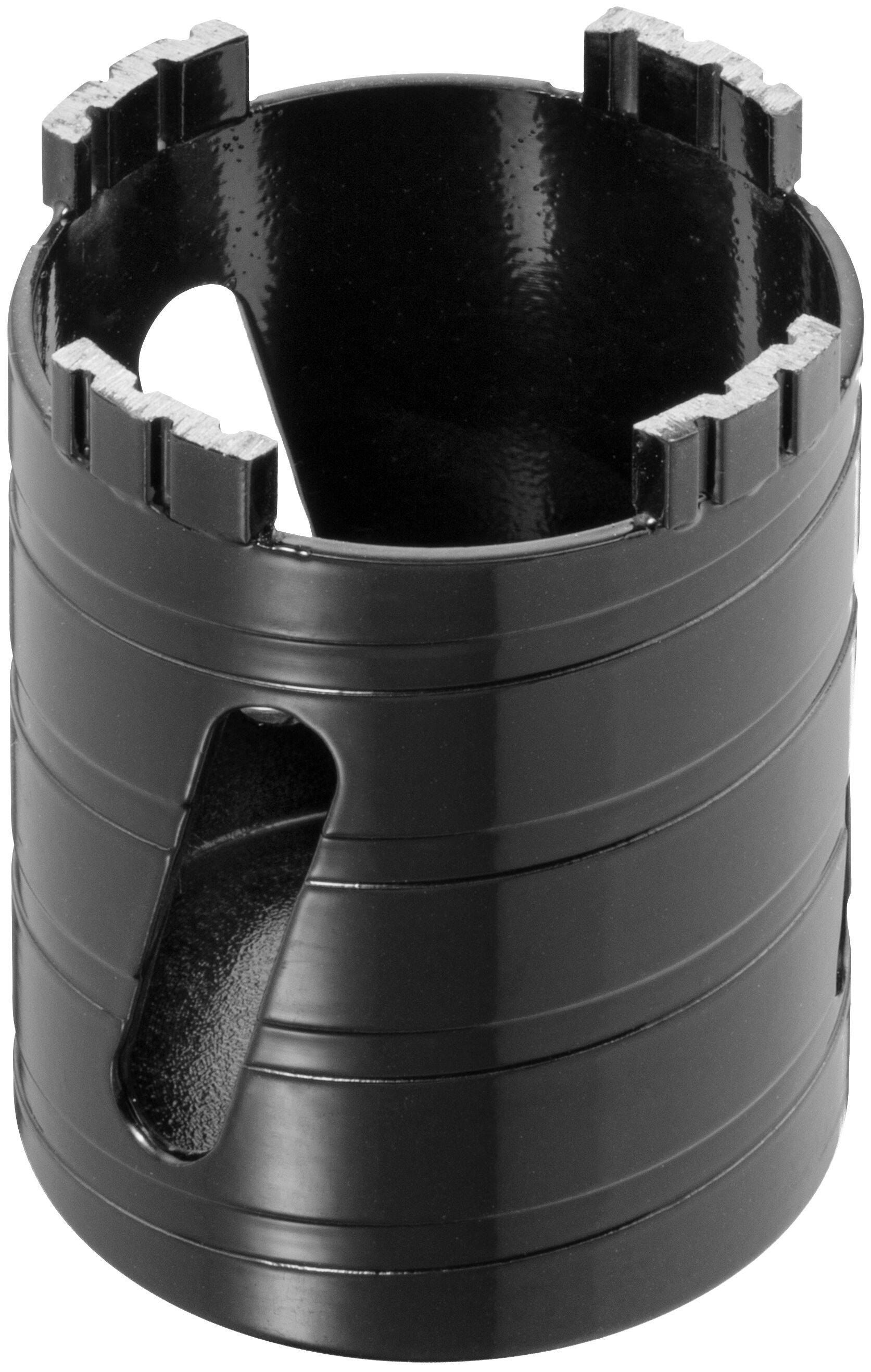A black cylindrical core drill bit with silver teeth, used for drilling holes in concrete or masonry.