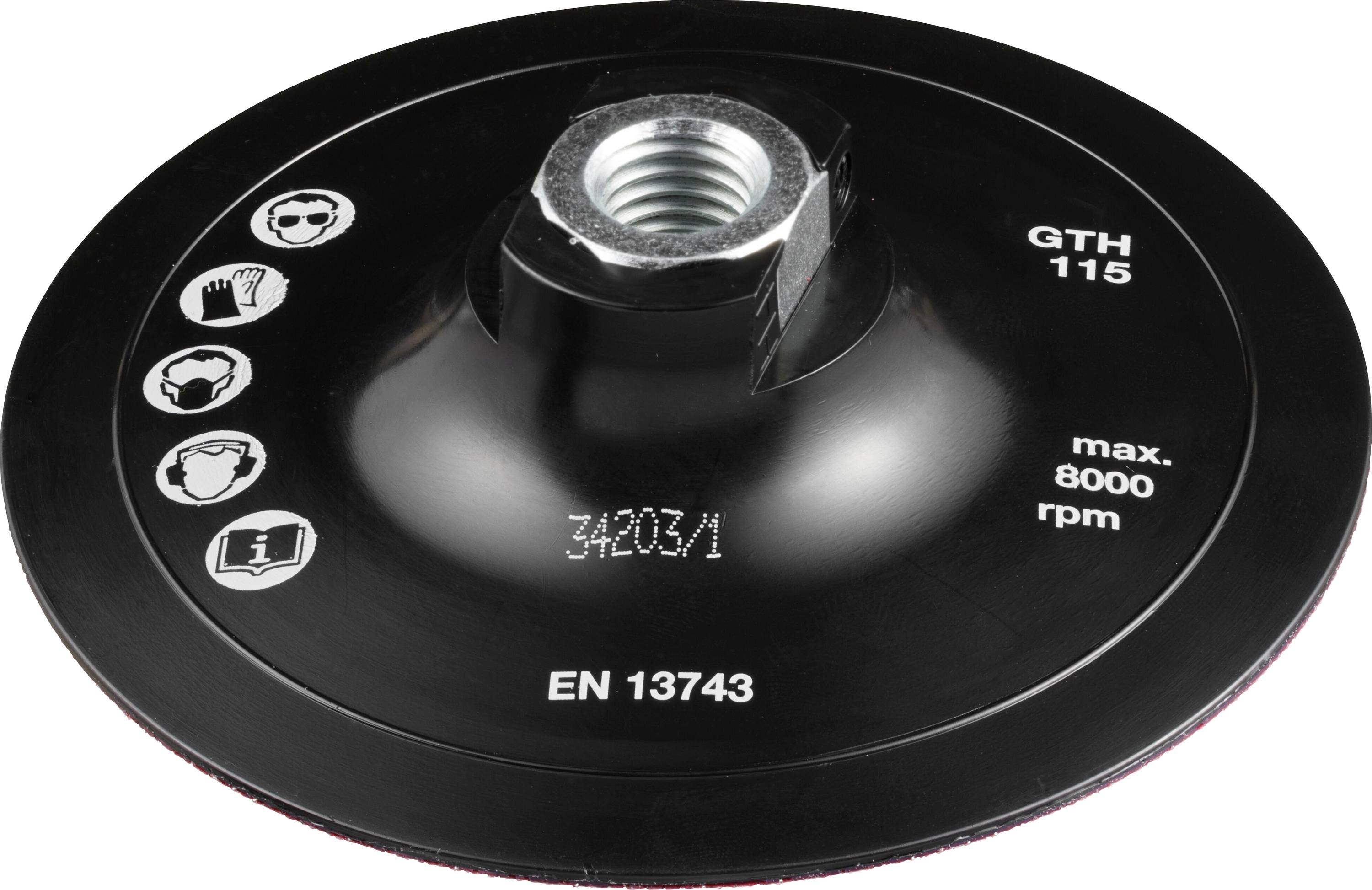 'Black grinding disc labeled GTH 115, max 8000 rpm, EN 13743' with protective gear icons on the side.