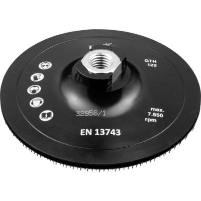 A circular saw blade labeled 'EN 13743' with safety icons, maximum speed of 7,650 rpm, and a central attachment hole for mounting.