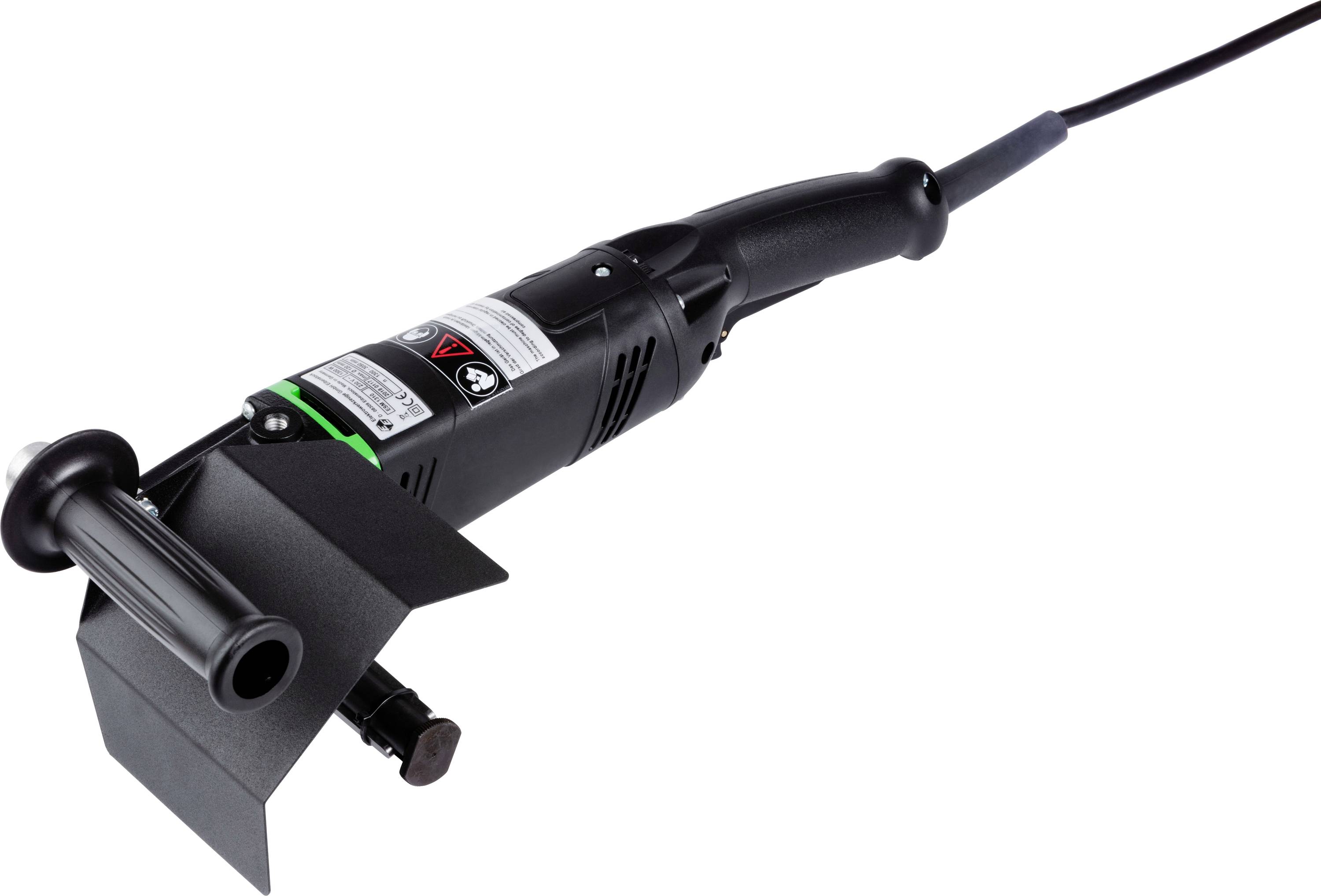 'Close-up of a black power tool with a handle and a disc cutter, used for various cutting applications, showing safety labels.'