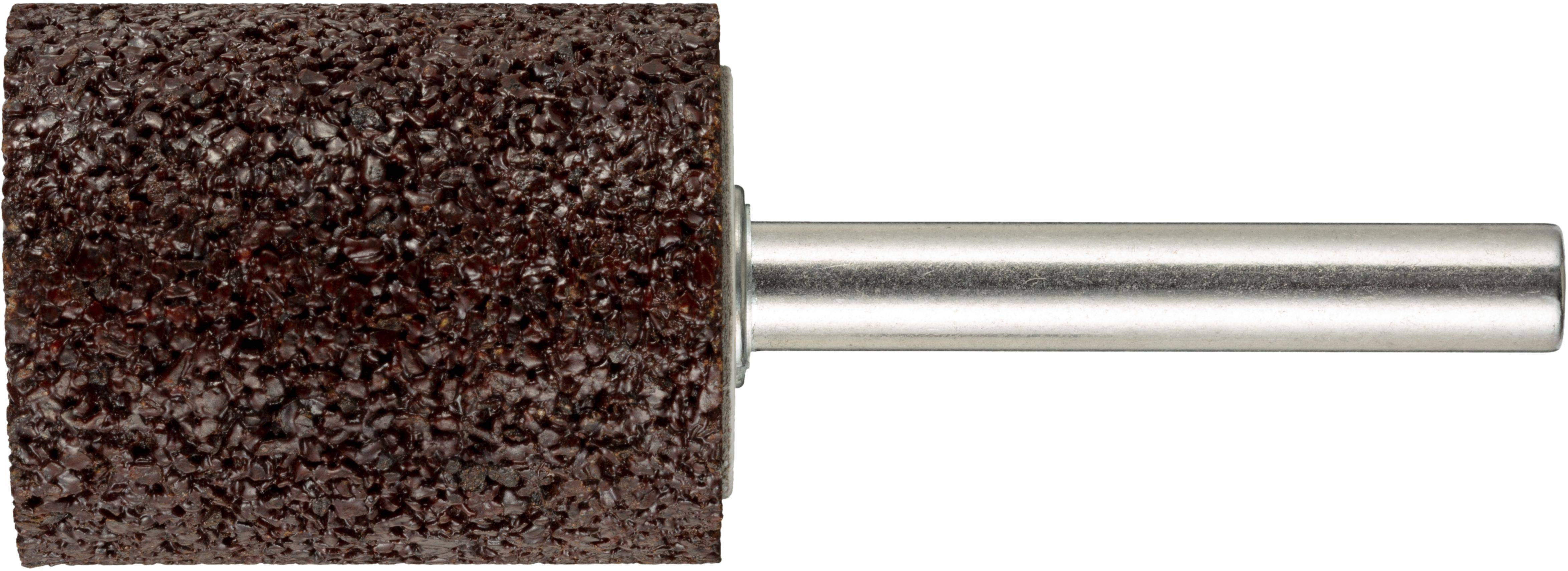 A close-up of a cylindrical abrasive drum sander with a metal shaft, used for smoothing surfaces.