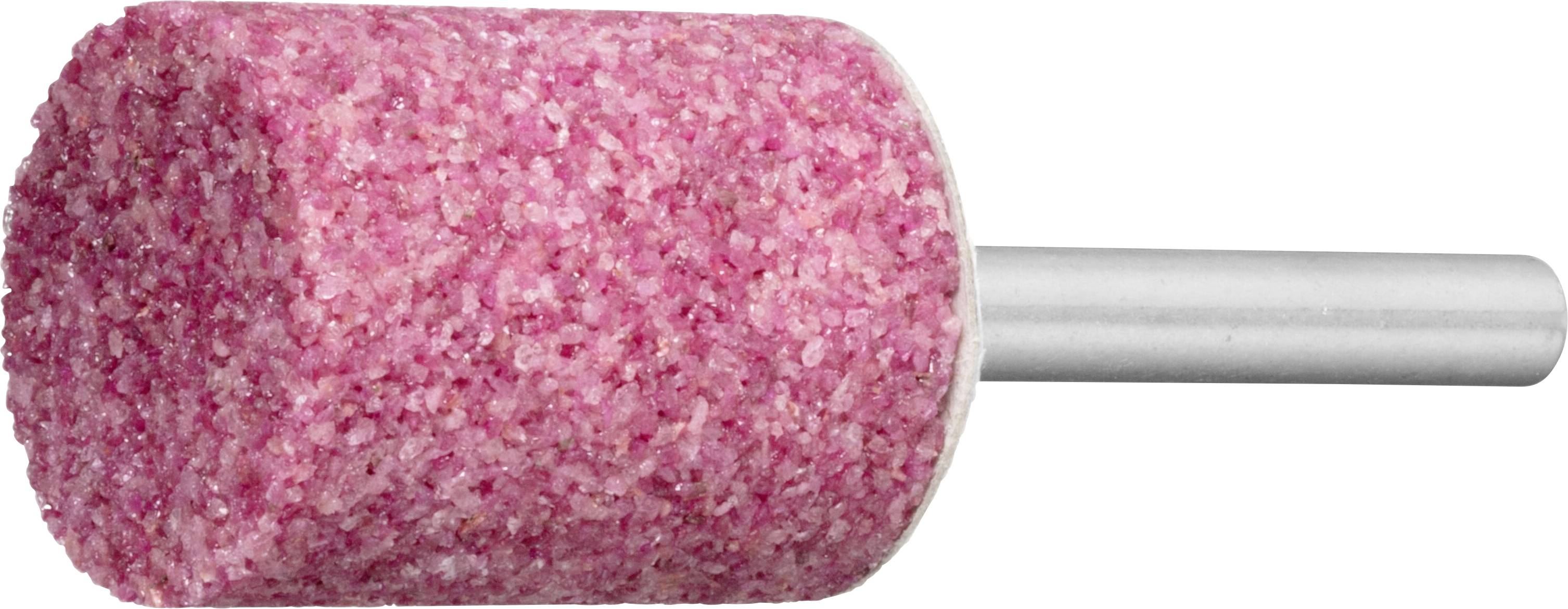 A cylindrical abrasive grinding stone with a pink, coarse-textured surface, attached to a metal shank.