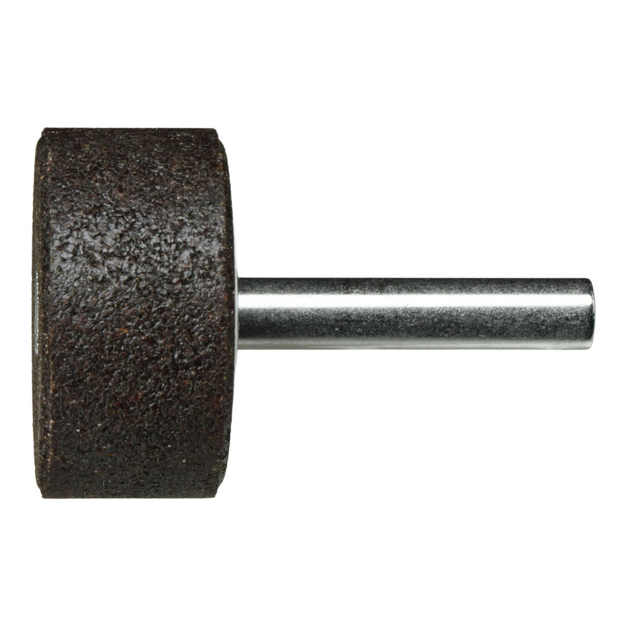 A cylindrical grinding wheel with a central metal rod, used for smoothing surfaces, isolated on a white background.