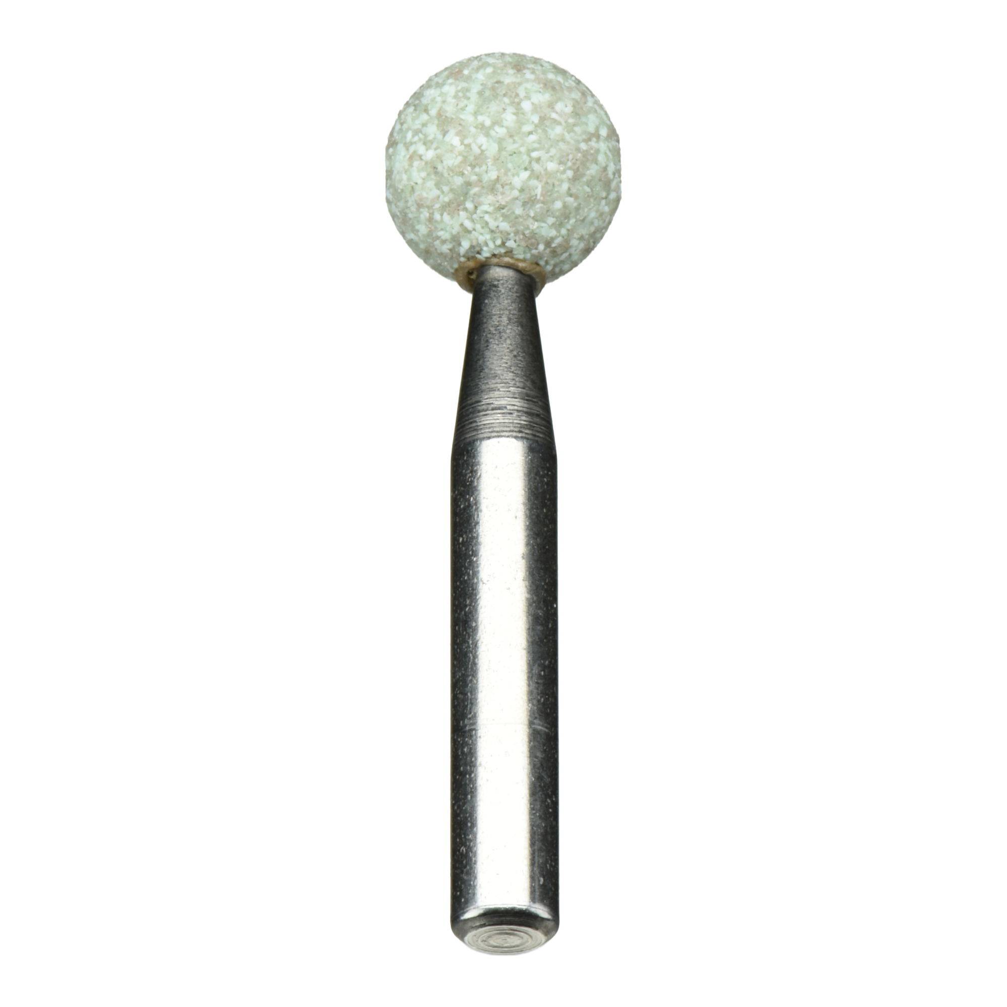 A metal tool with a cylindrical handle and a rough, white spherical head, likely used for grinding or polishing surfaces.