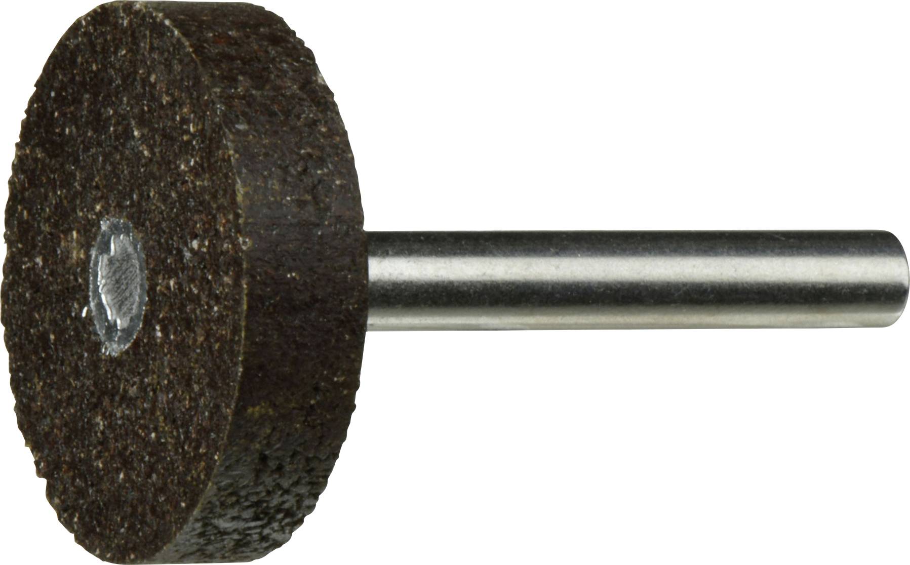 A cylindrical grinding stone with a metal shaft, used for sharpening or shaping various materials. It has a dark, coarse texture.