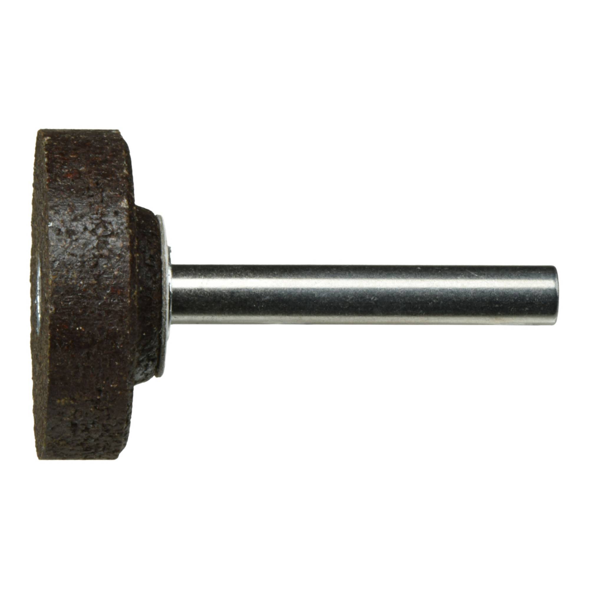A brown grinding stone with a metal shank, used for sharpening or shaping tools, is placed horizontally on a white background.