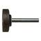 A brown grinding stone with a metal shank, used for sharpening or shaping tools, is placed horizontally on a white background.