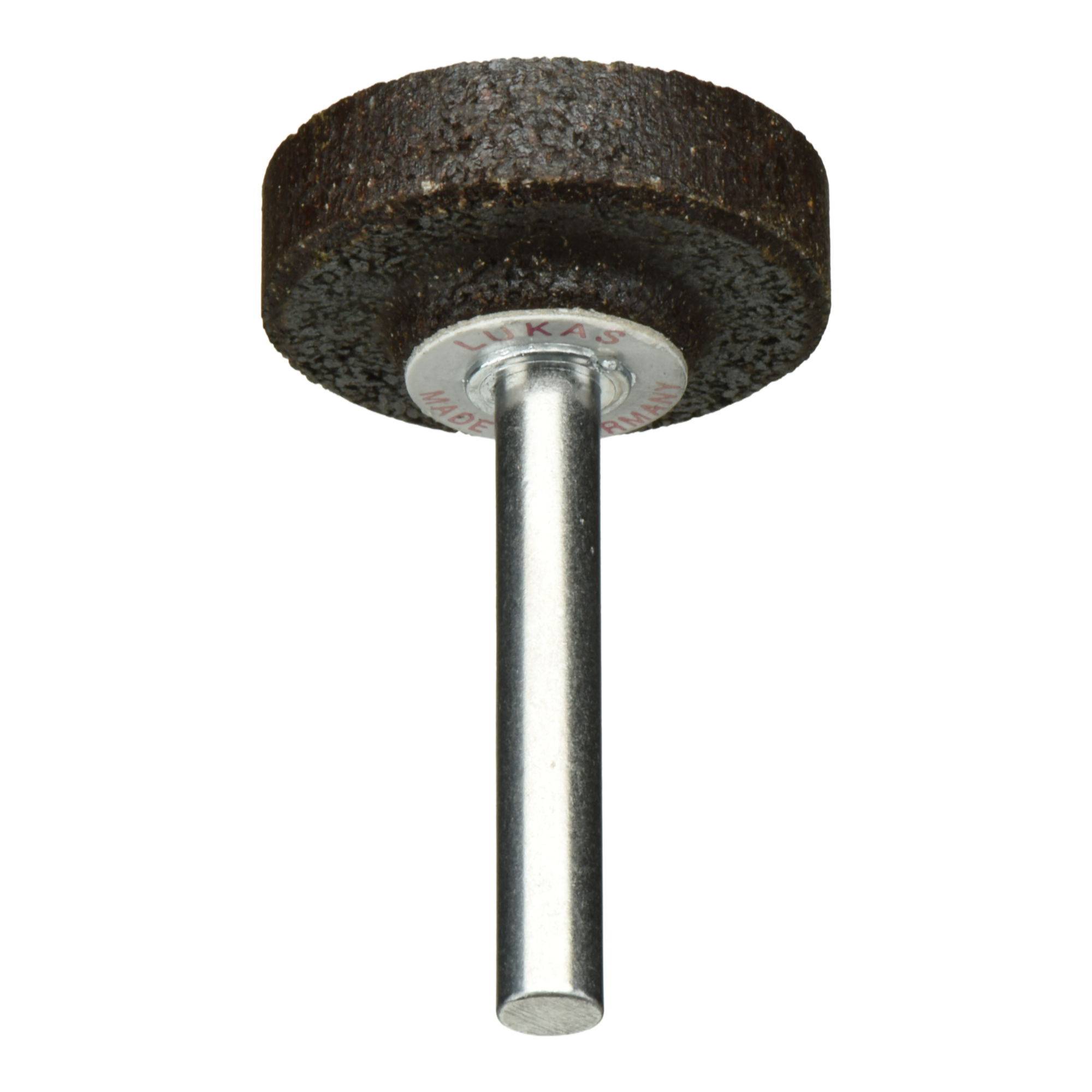 A cylindrical grinding stone with a metal shaft, used for sharpening or smoothing surfaces, displayed against a white background.