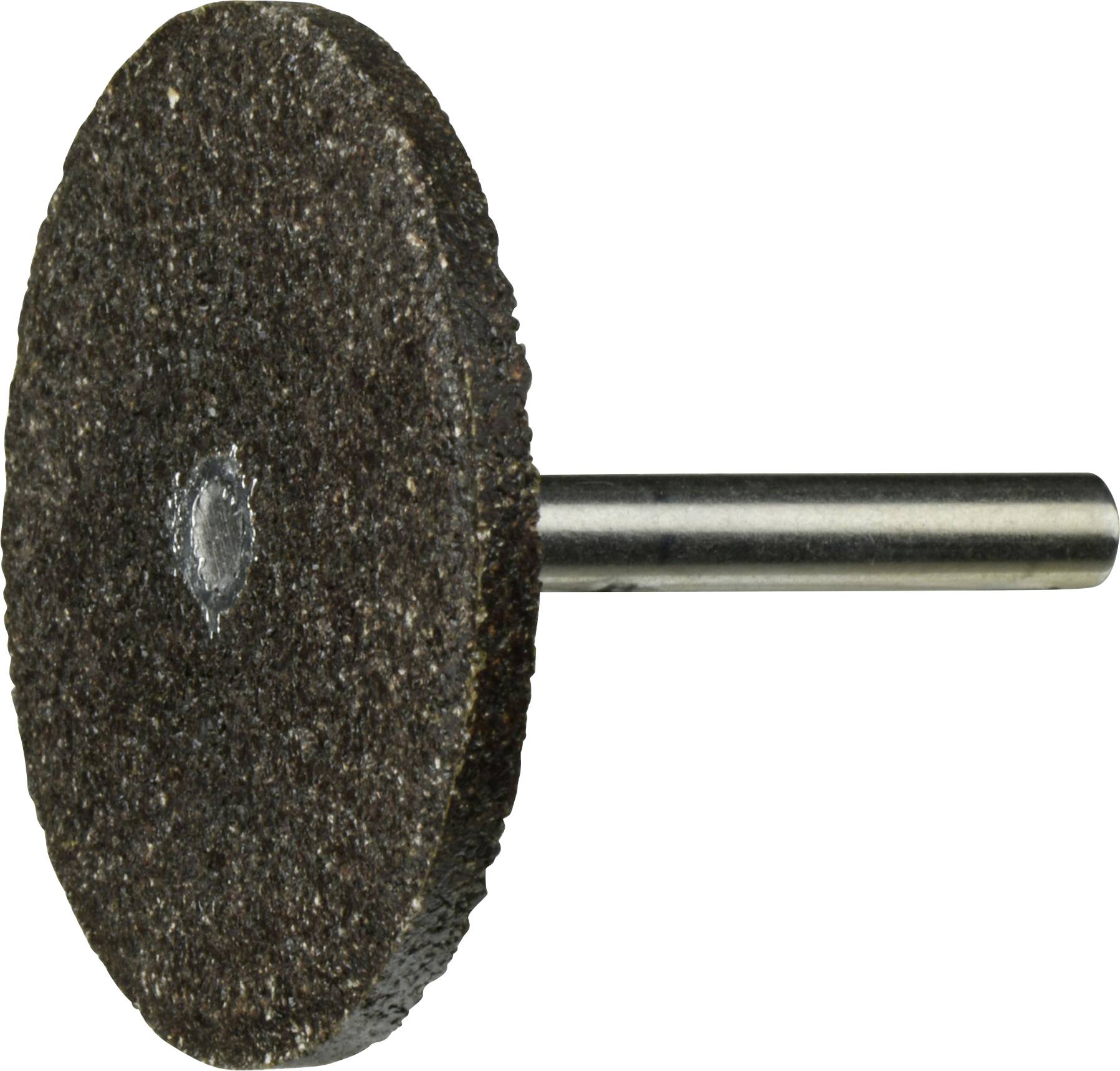 A circular brown grinding wheel with a metal shaft, designed for cutting or shaping surfaces.