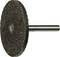 A circular brown grinding wheel with a metal shaft, designed for cutting or shaping surfaces.