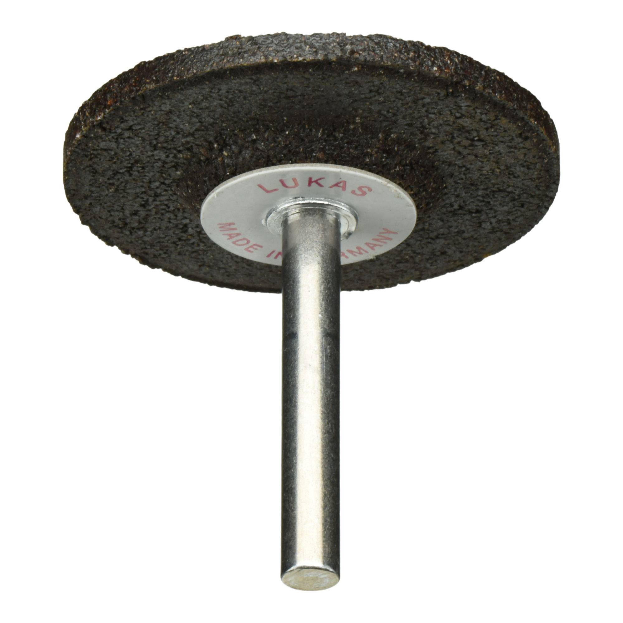 A circular abrasive disc with a metal shaft, labeled 'Lukas Made in Germany,' likely used for grinding or polishing surfaces.