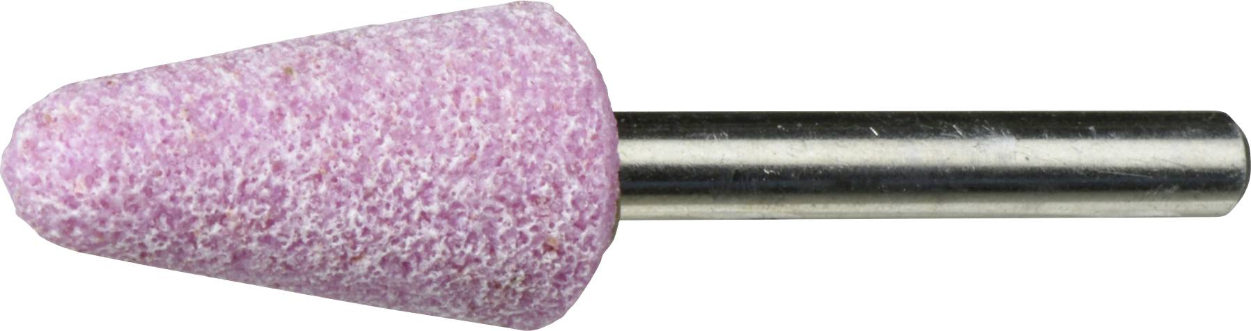 A pink, conical grinding stone attached to a metal shank, used for smoothing or shaping materials.