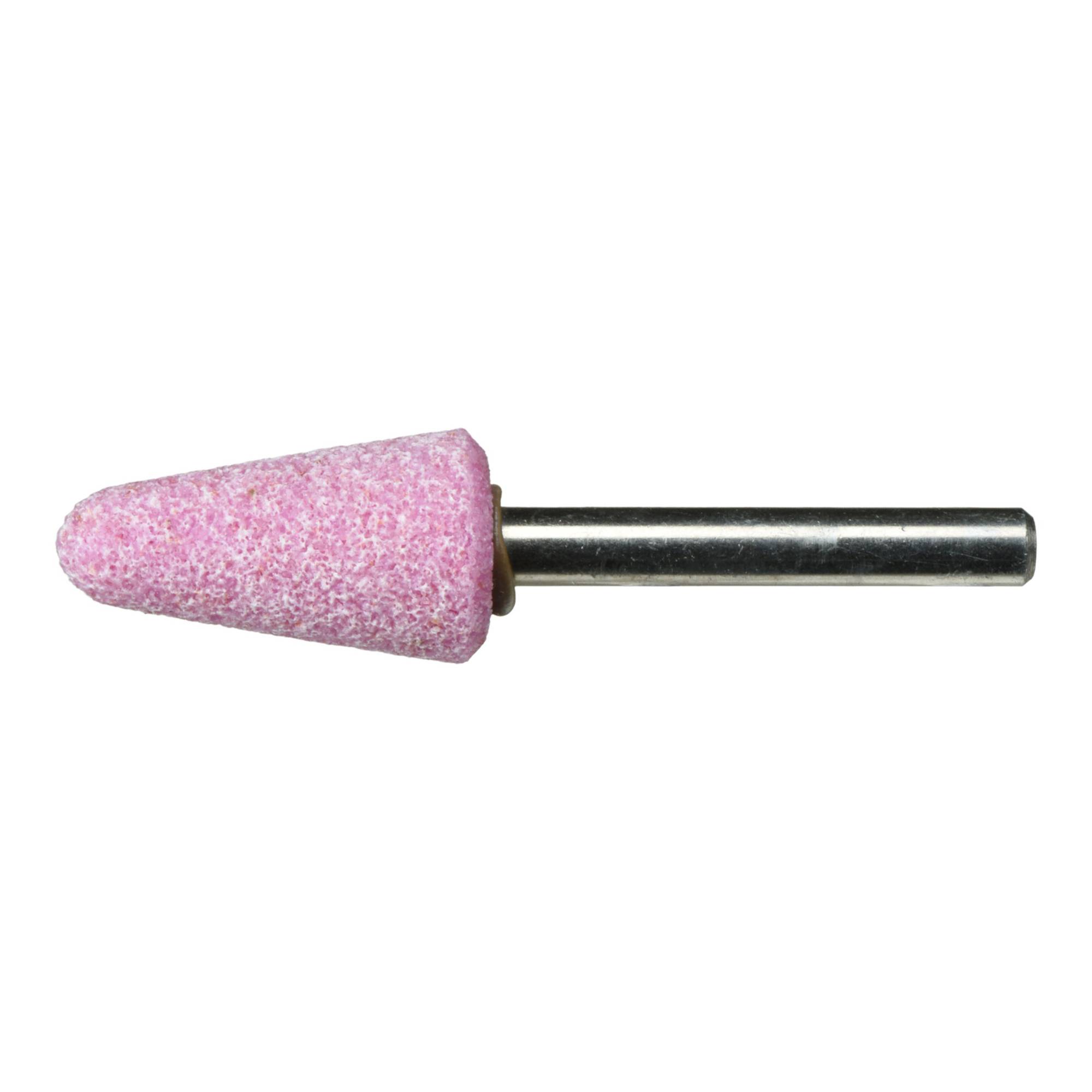 A metal rotary tool with a pink, cone-shaped grinding tip, used for sanding or shaping materials.