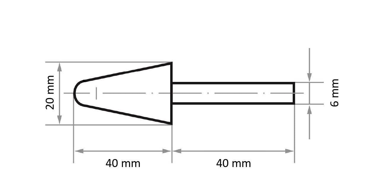 Technical drawing of a tapered cylindrical object. The left section is conical with a base of 20 mm and a length of 40 mm. The right section is a cylindrical shaft, 6 mm in diameter and 40 mm in length.