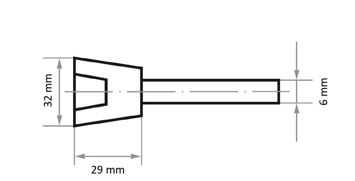 Diagram of a cylindrical rod attached to a triangular head; dimensions labeled as 32 mm height, 29 mm width, and 6 mm diameter.