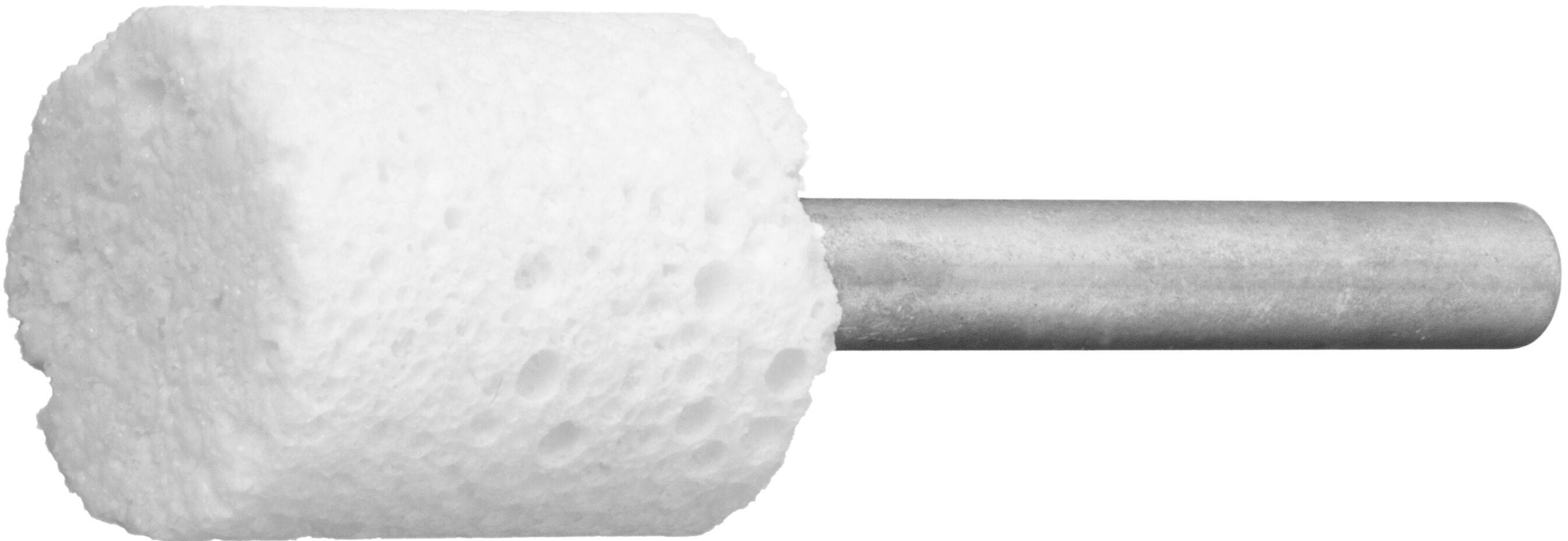 A cylindrical grinding wheel with a white abrasive sponge head and metal shank, used for polishing or grinding surfaces.